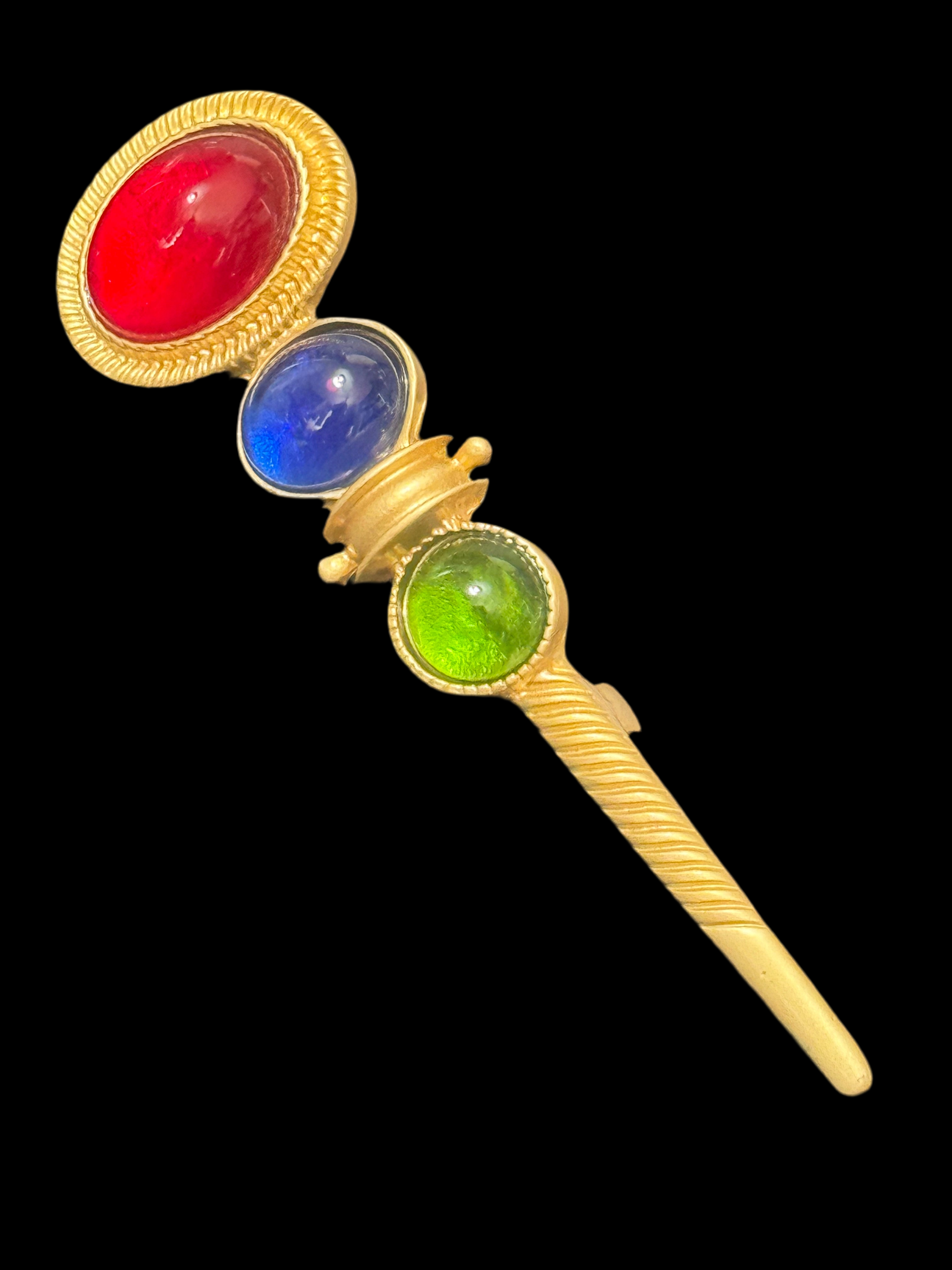 Large red green blue cabochon medieval bar brooch Gripoix style