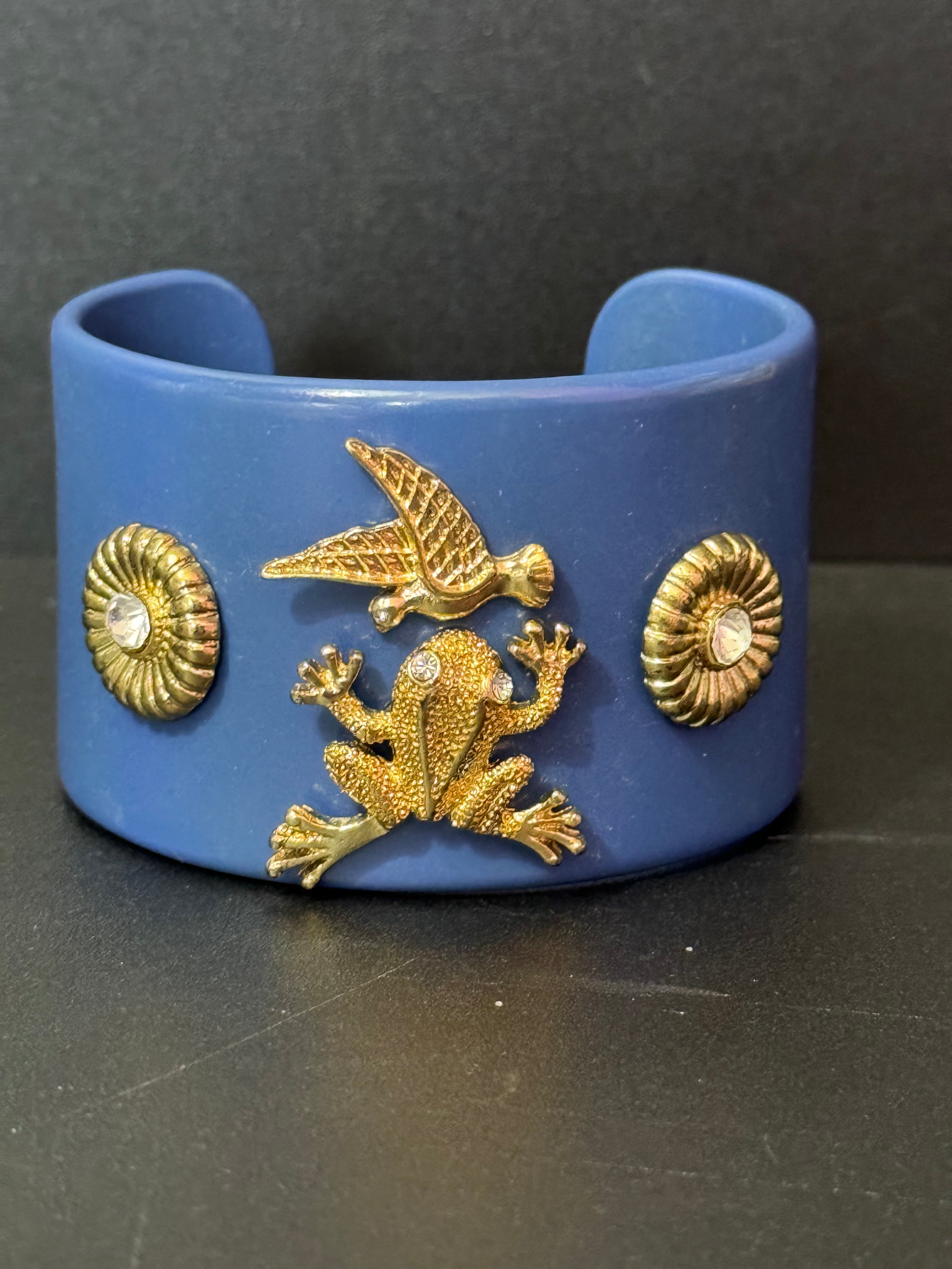 Gold crystal frog ornate Navy blue wide acrylic cuff bangle