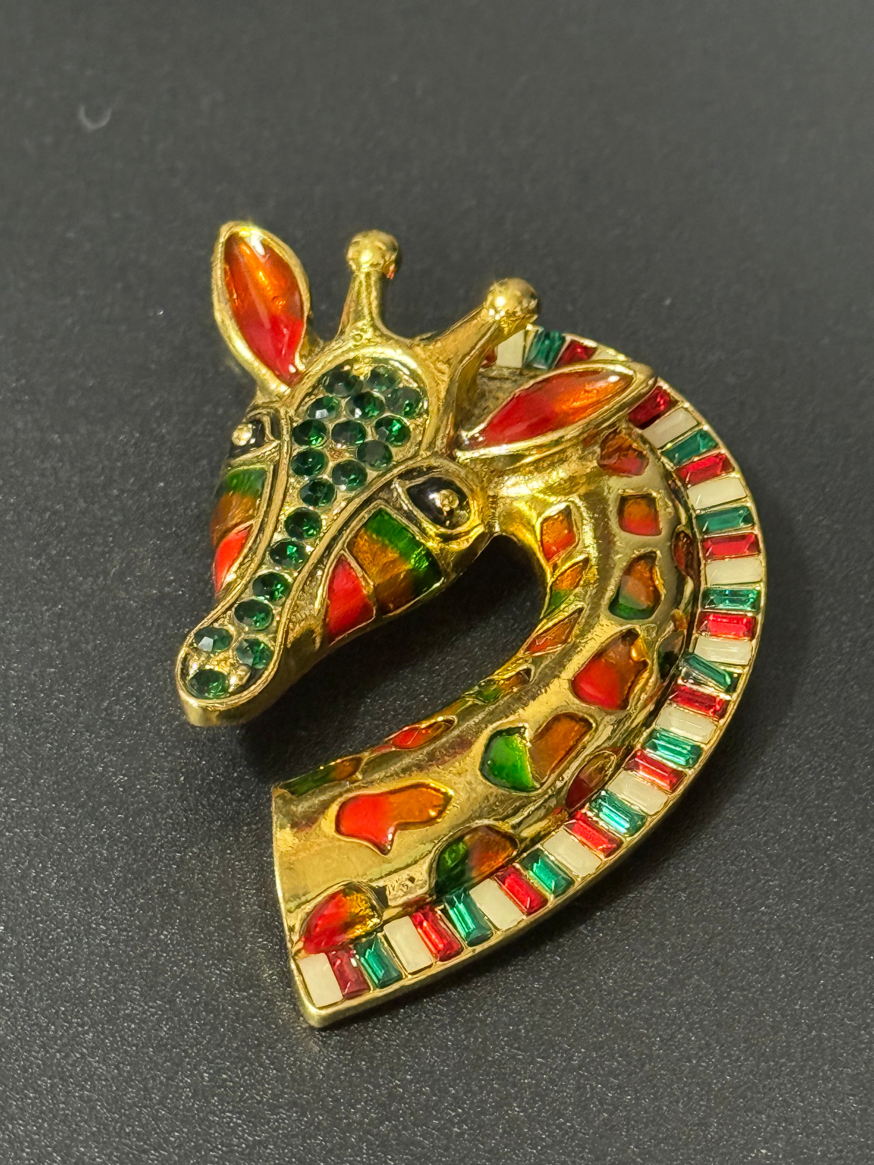 Large gold giraffe brooch orange and green enamel and black diamanté