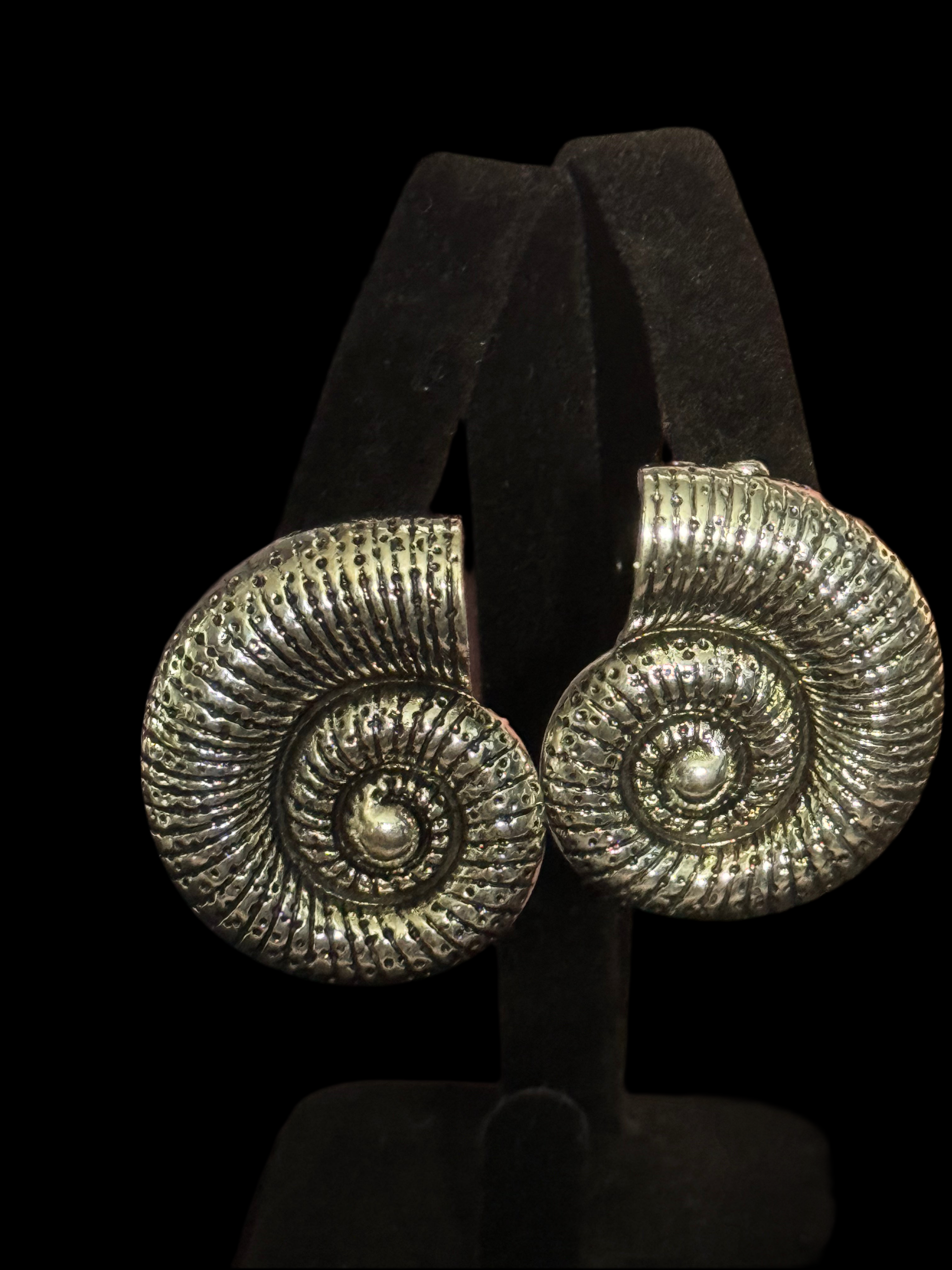 Oversized silver tone sea shell ammonite nautical earrings pierced