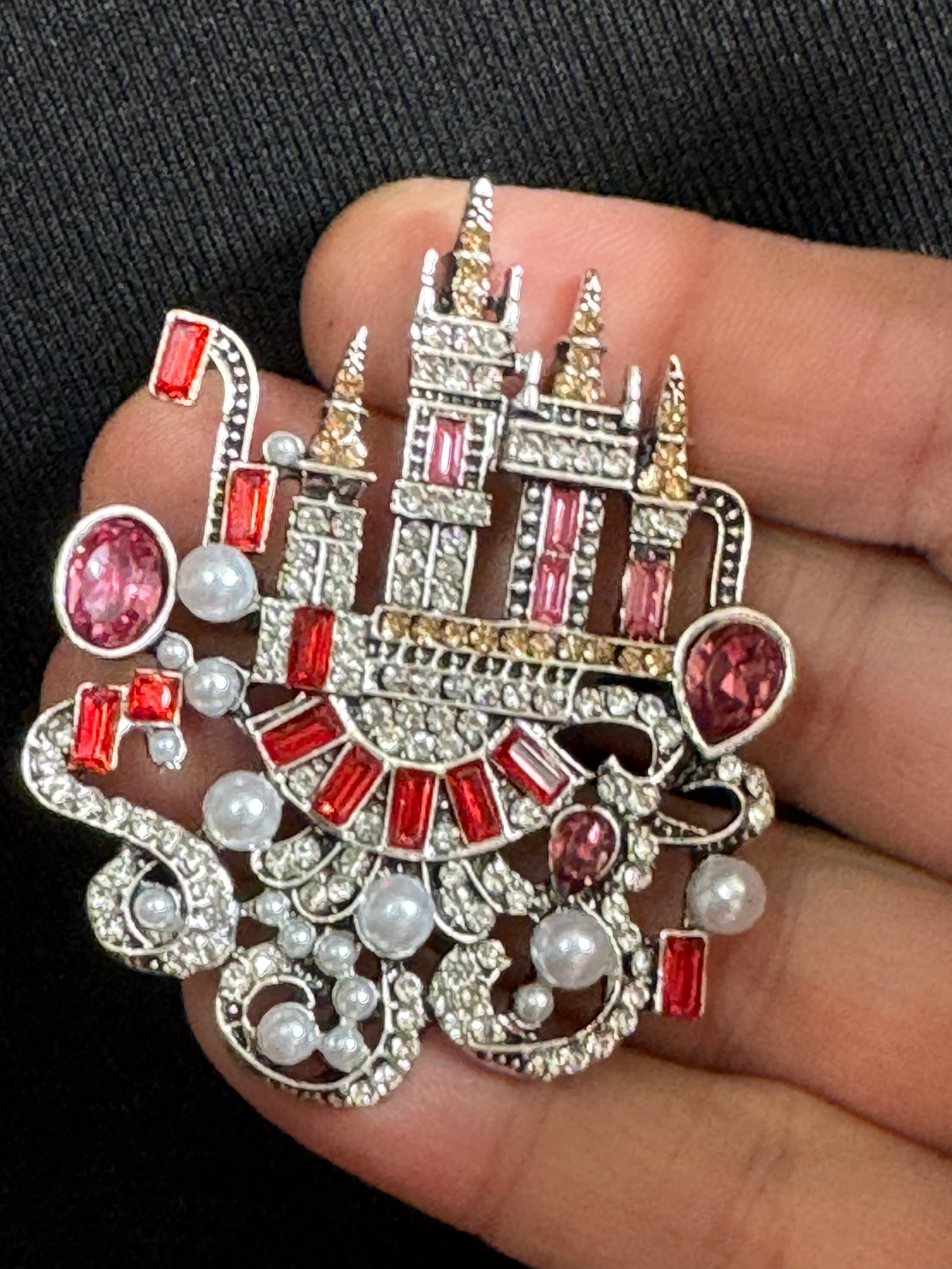 Pink Fairy princess castle brooch Crystal diamanté