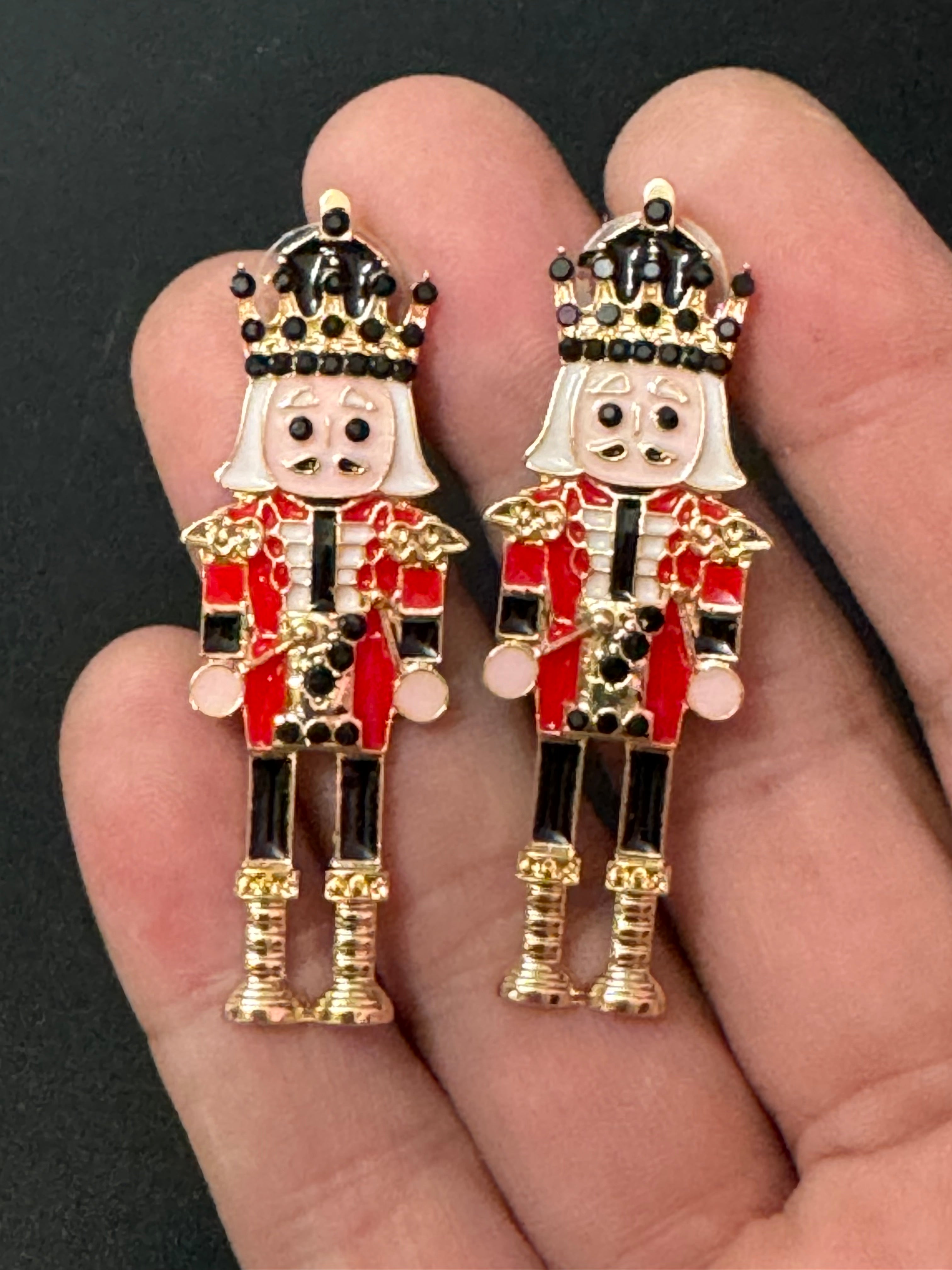 Traditional Christmas red and black enamel nutcracker man soldier earrings oversized