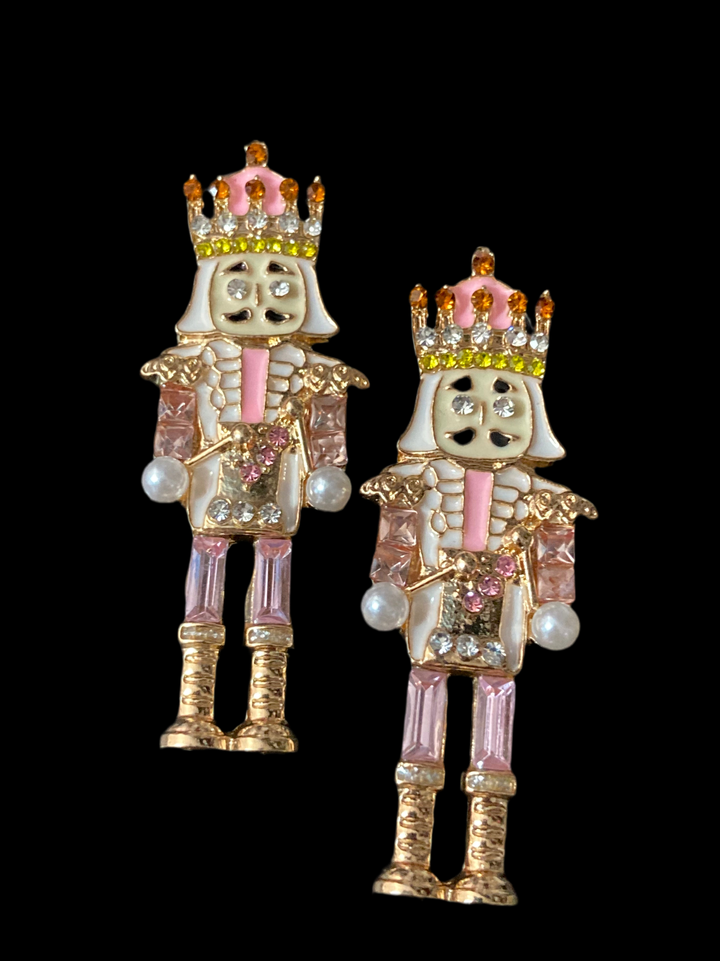 Christmas baby pink pearl and diamanté nutcracker man soldier earrings