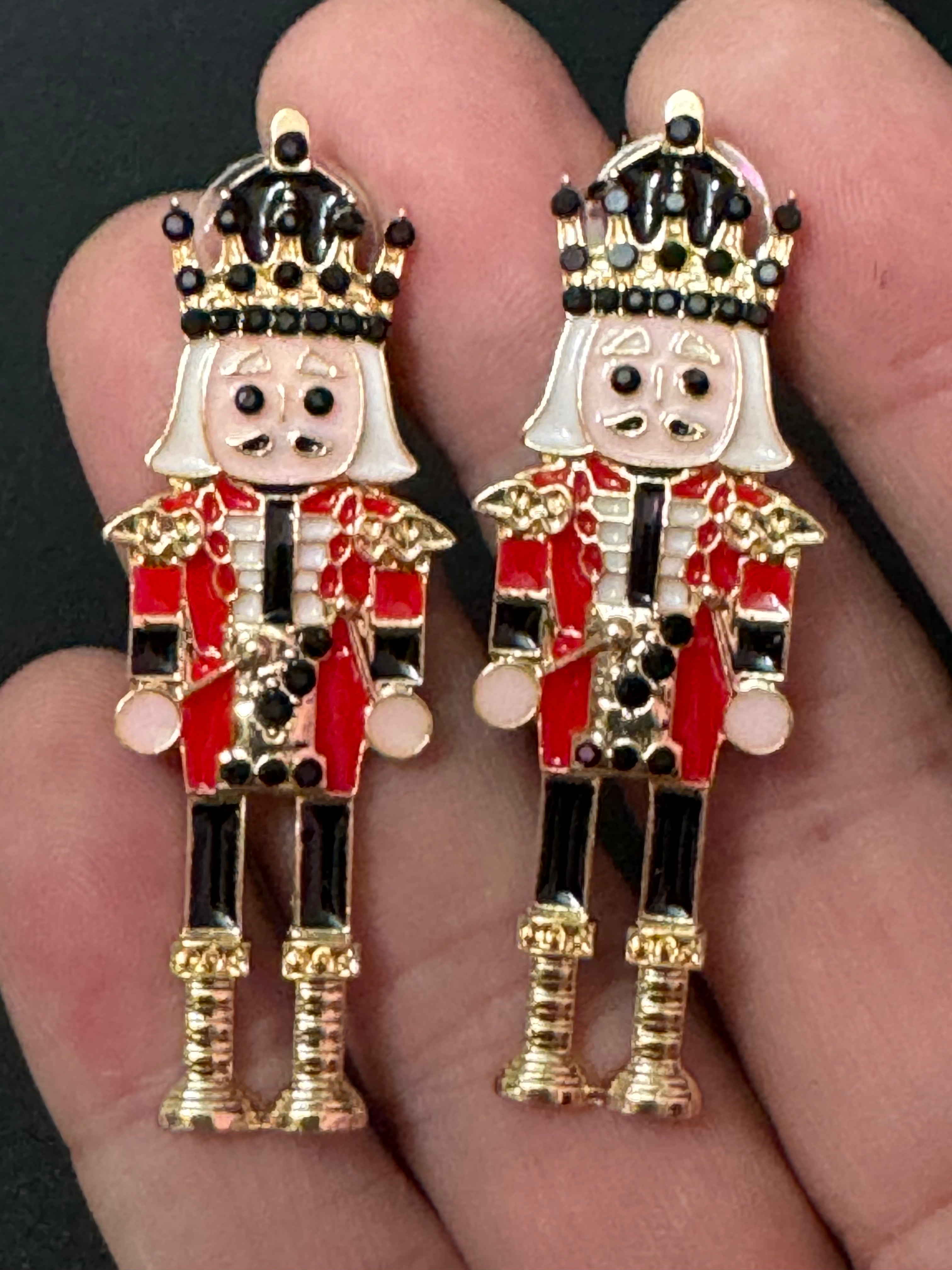 Traditional Christmas red and black enamel nutcracker man soldier earrings oversized