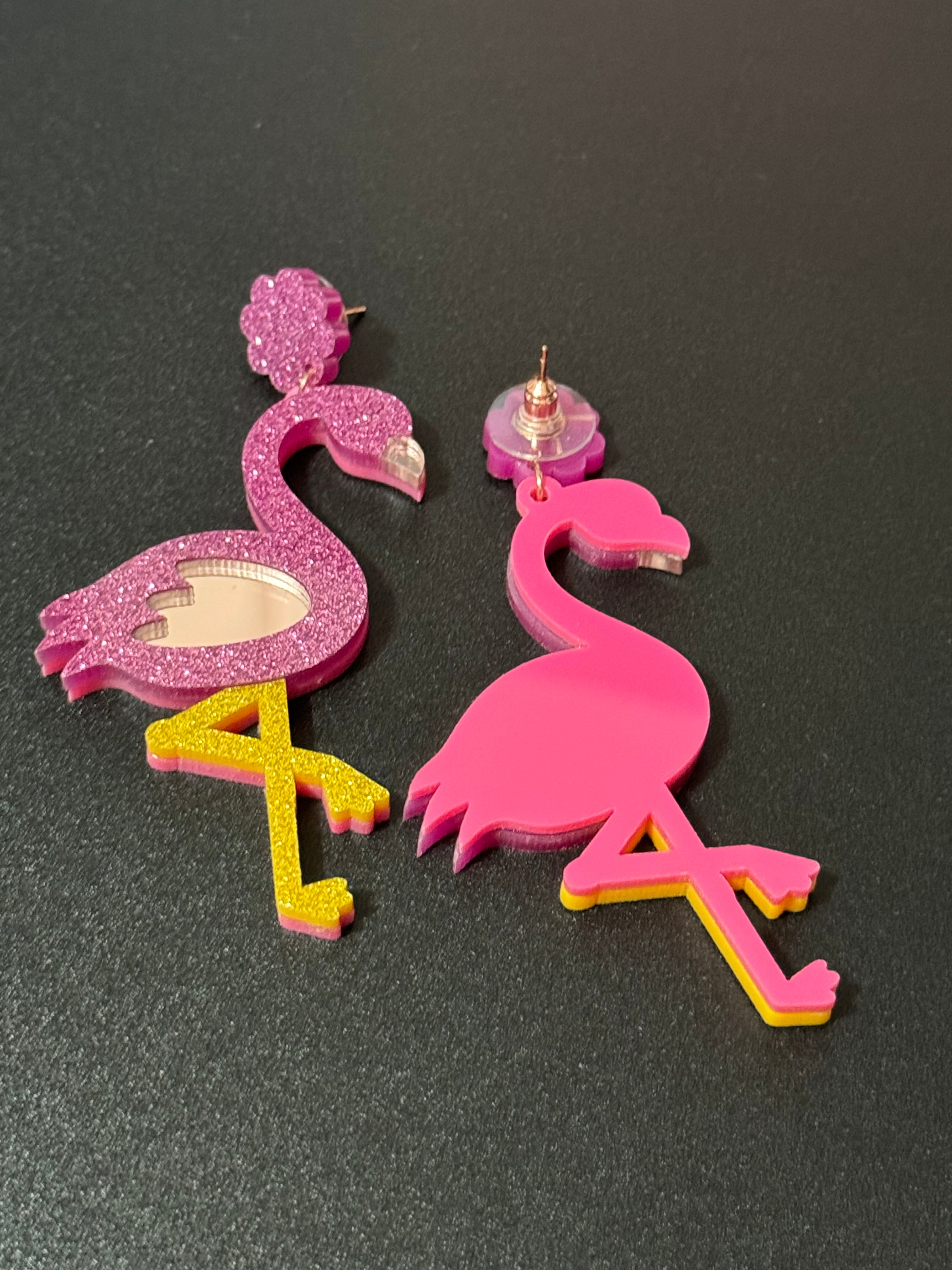 Oversized bright pink glittery flamingo earrings acrylic