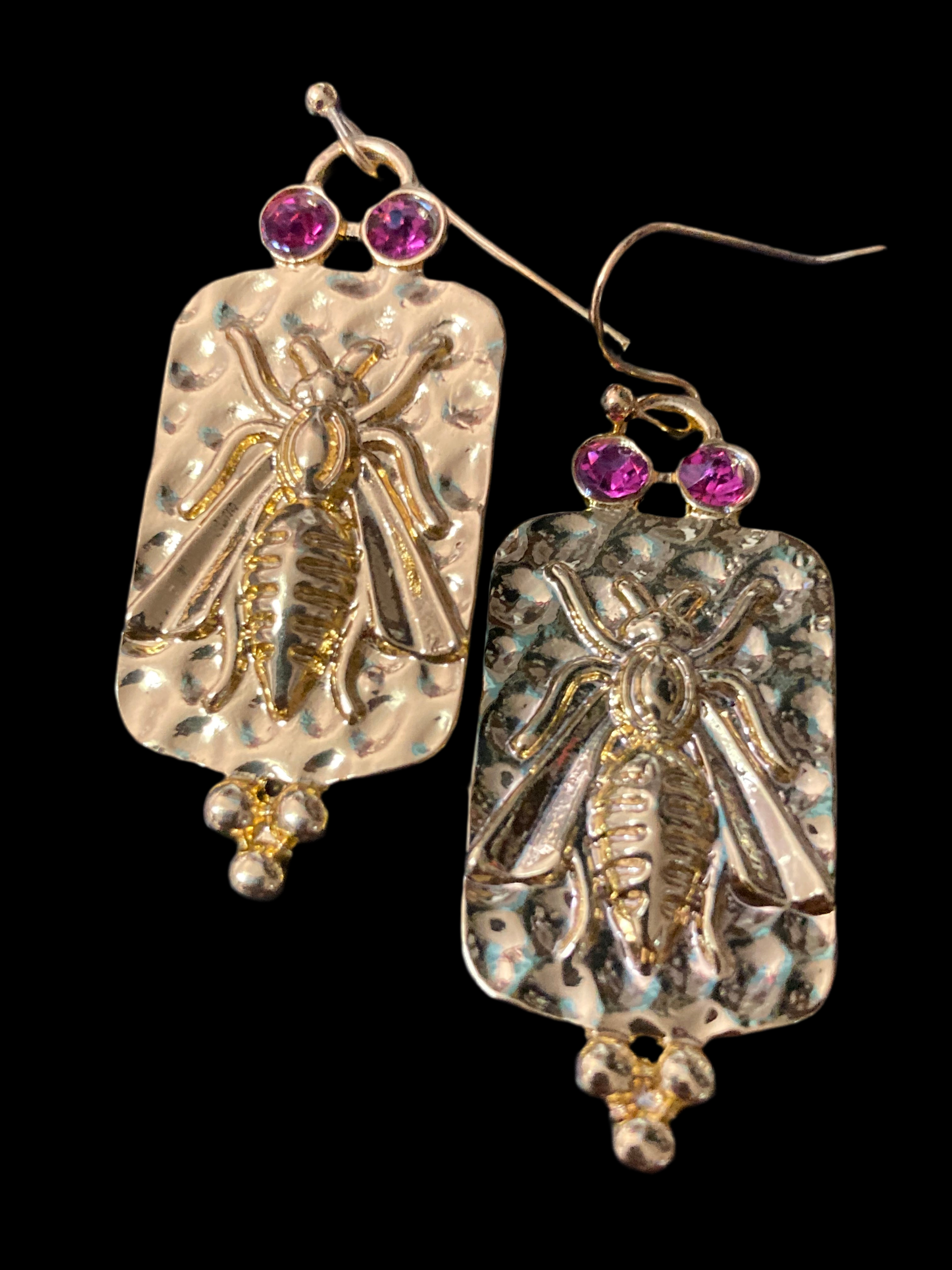 Etruscan style gold panel drop pink crystal bee earrings