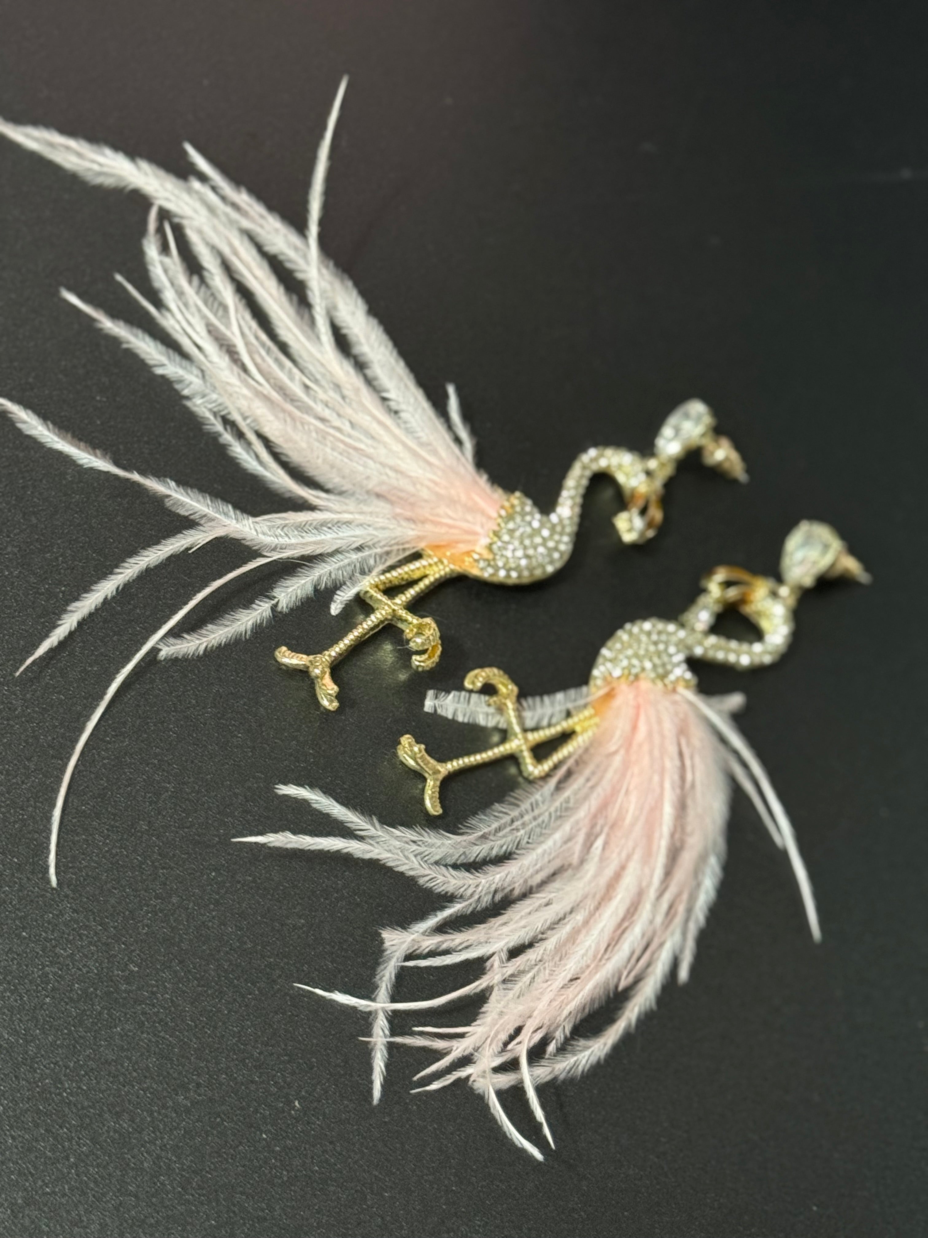 Baby pink feathered oversized clear diamanté flamingo dangly earrings