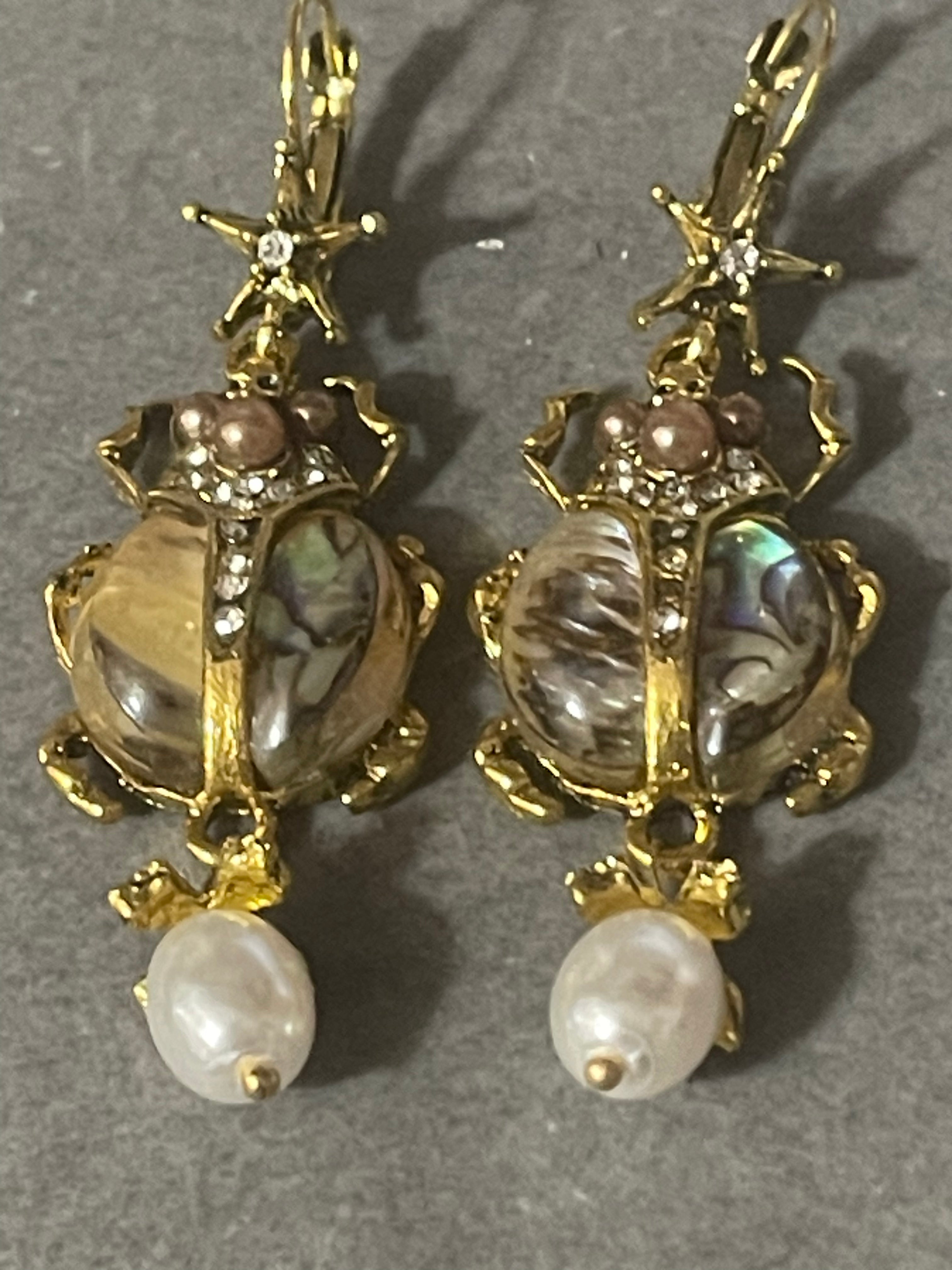 Abalone shell long faux pearl beetle insect earrings gold tone pierced