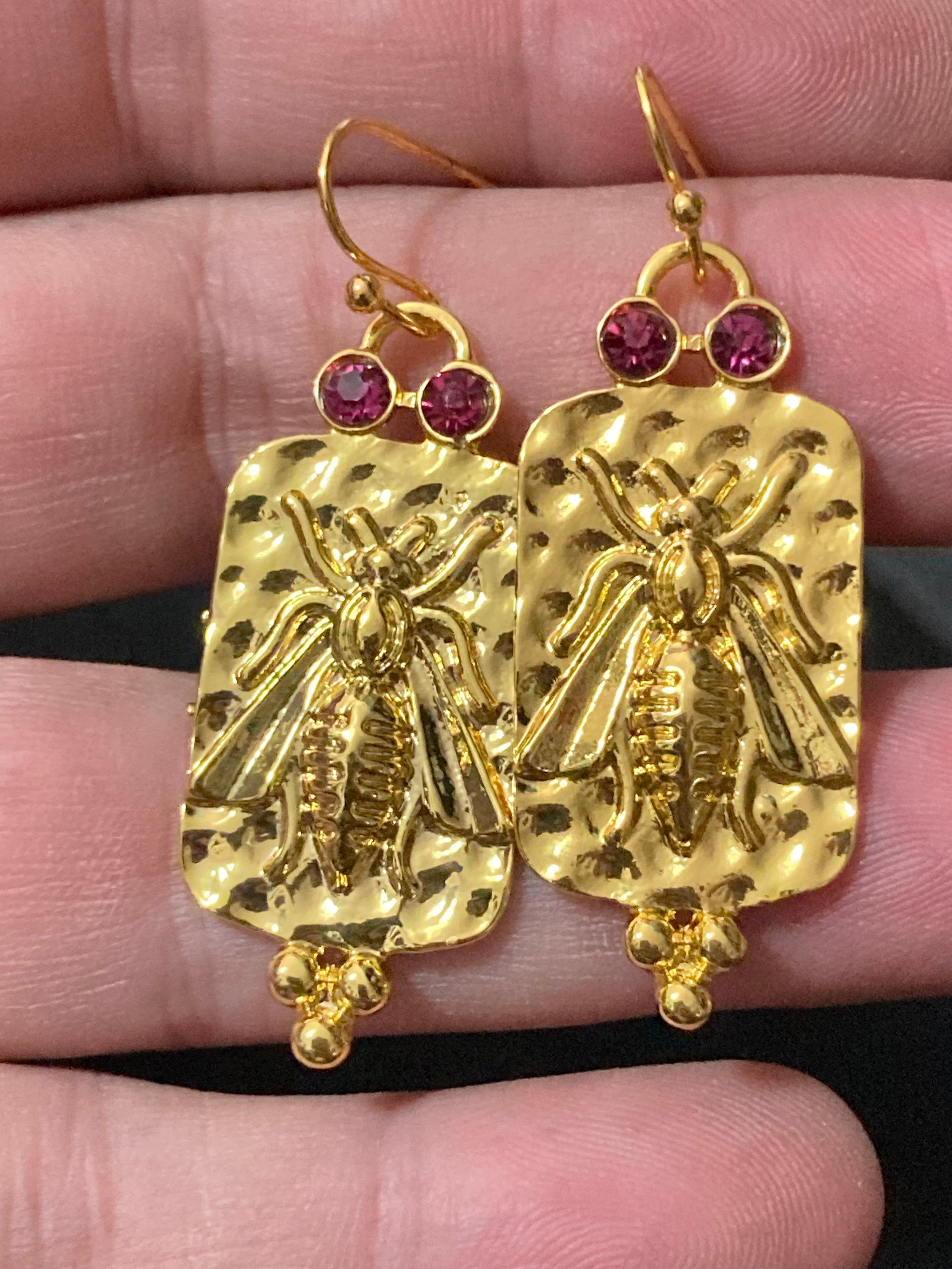 Etruscan style gold panel drop pink crystal bee earrings