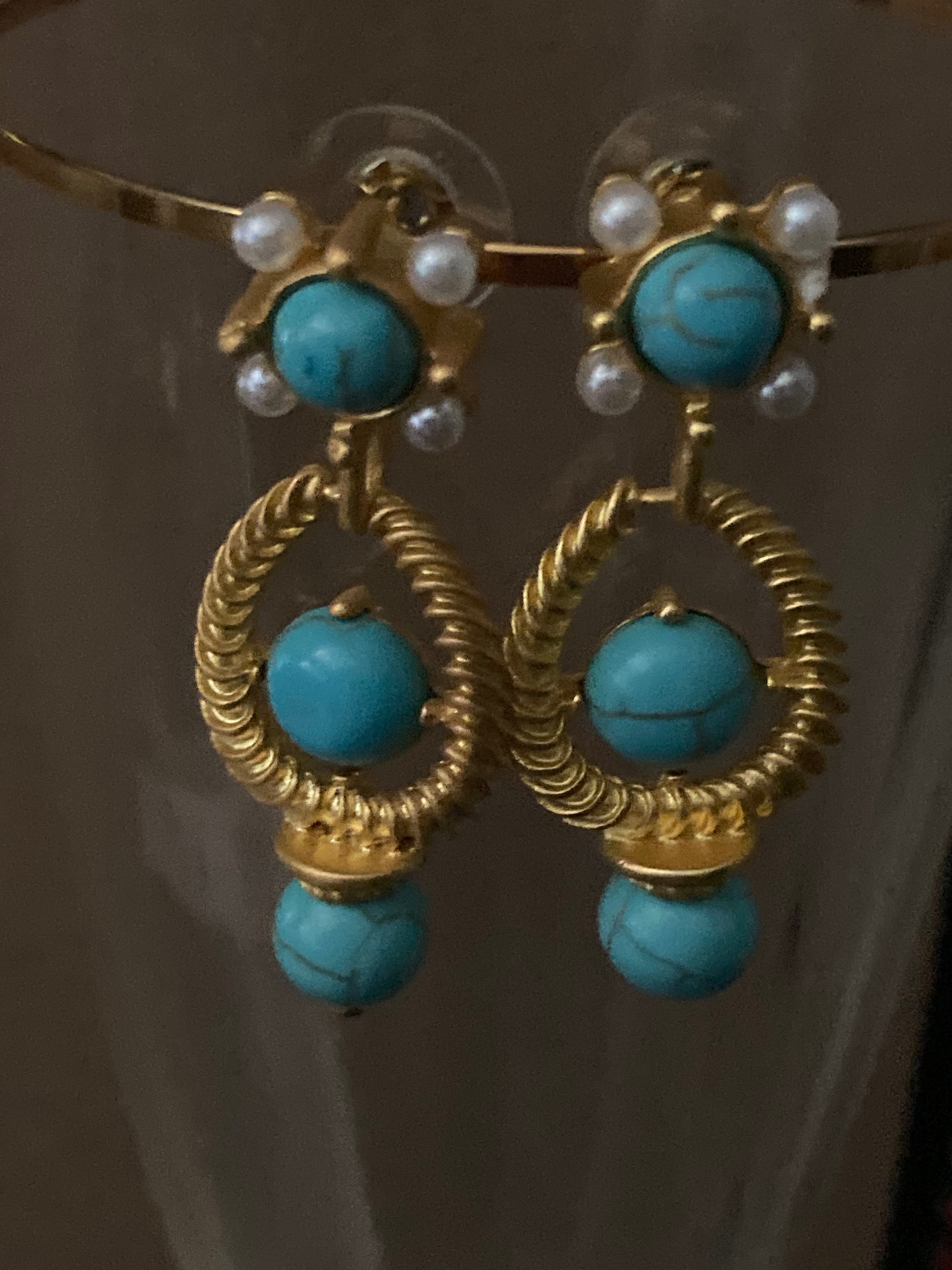 Etruscan style gold tone faux turquoise and pearl drop earrings