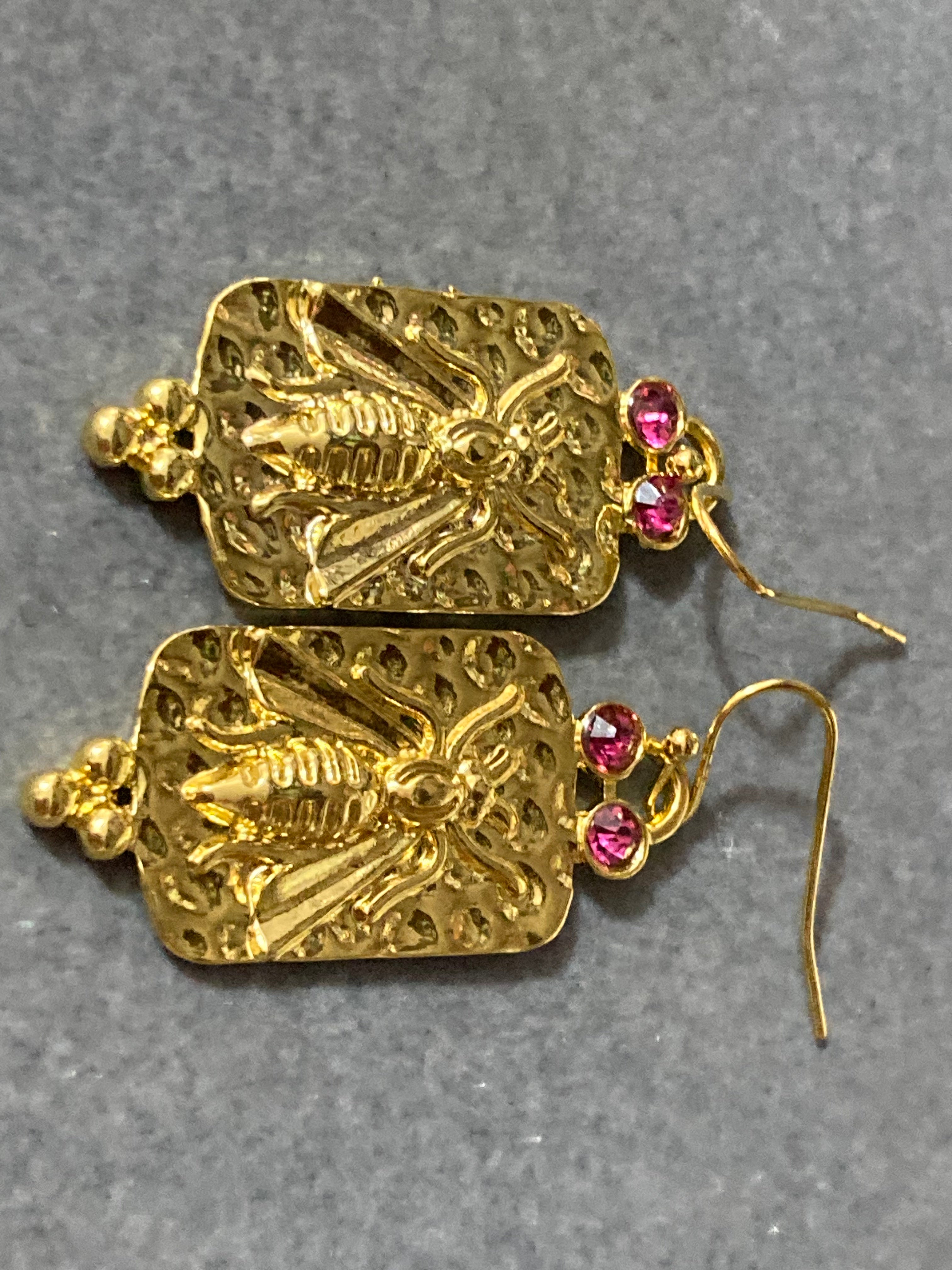 Etruscan style gold panel drop pink crystal bee earrings