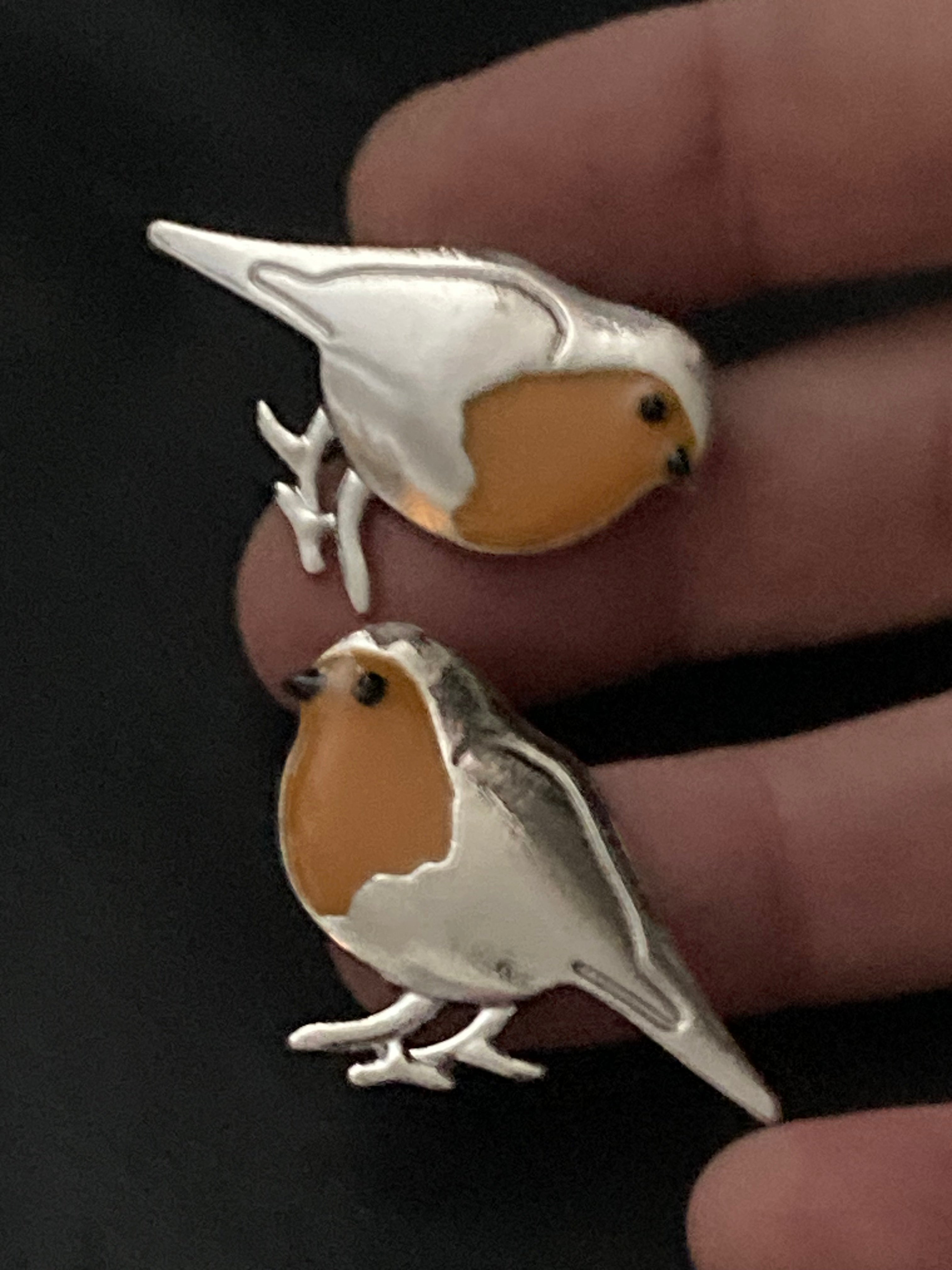 Large Robin earrings redbreast silver tone studs 3.5 cm red orange enamel for pierced ears