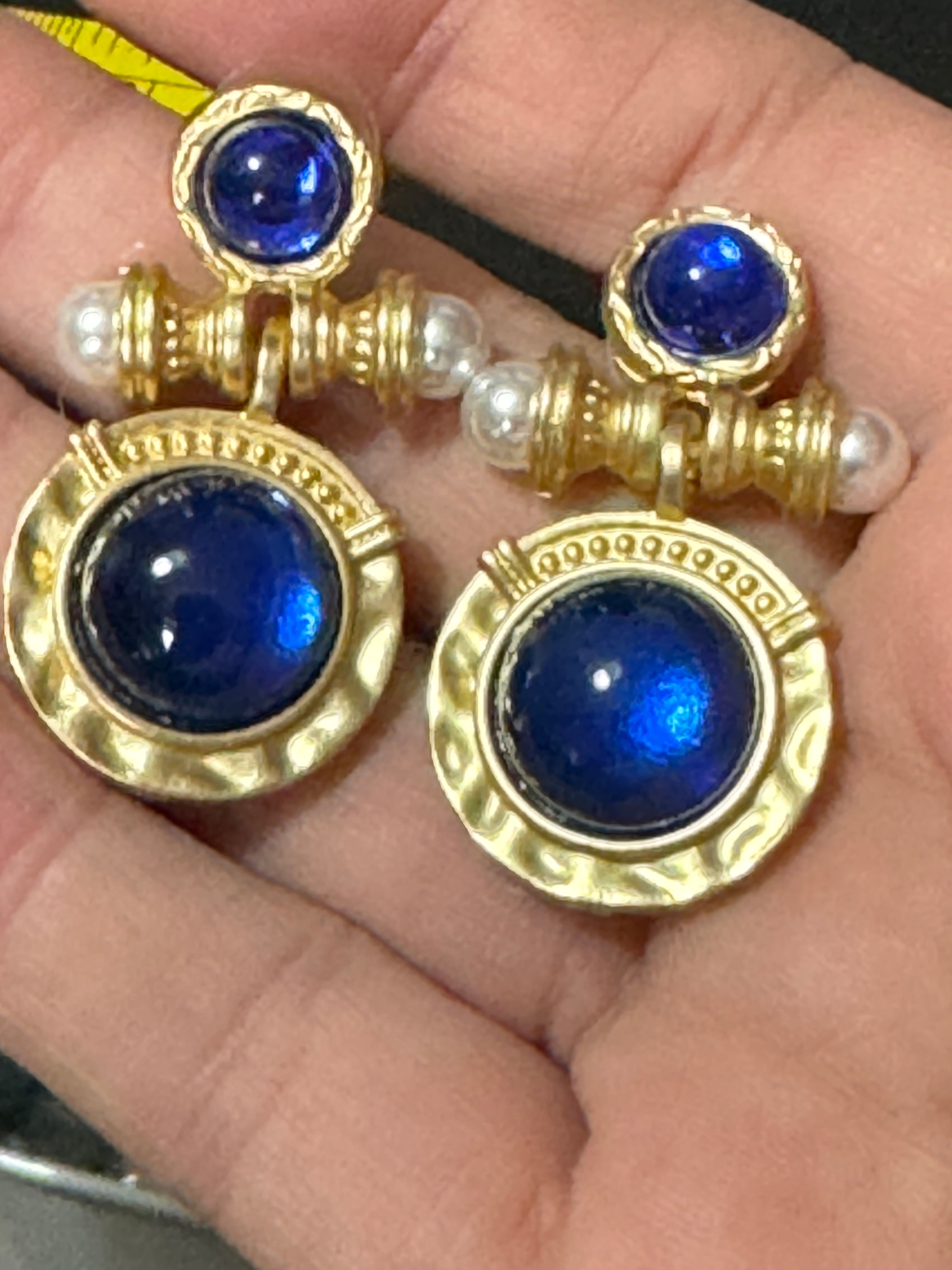 Etruscan gold sapphire blue faux pearl gripoix style cabochon round pierced drop earrings