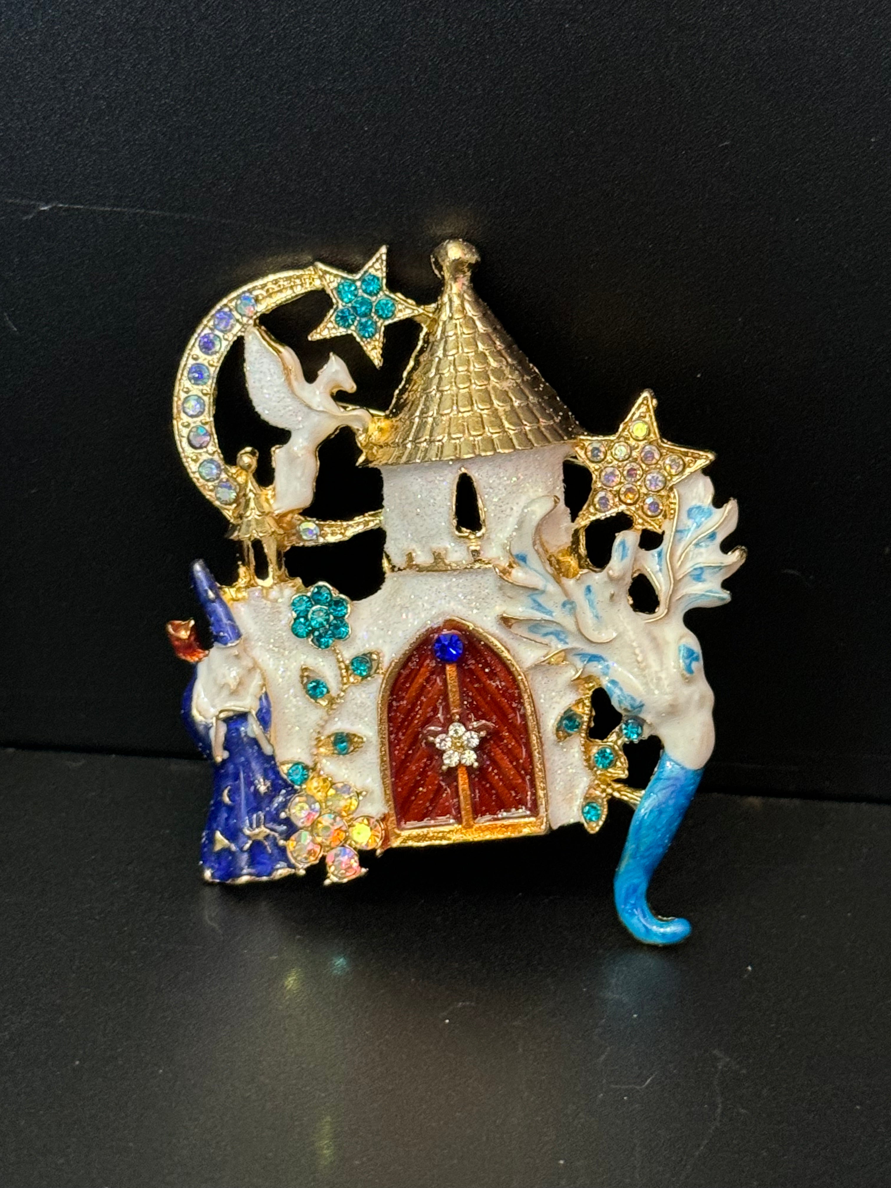 Large Magical wizards and dragons castle fantasy brooch Crystal white enamel