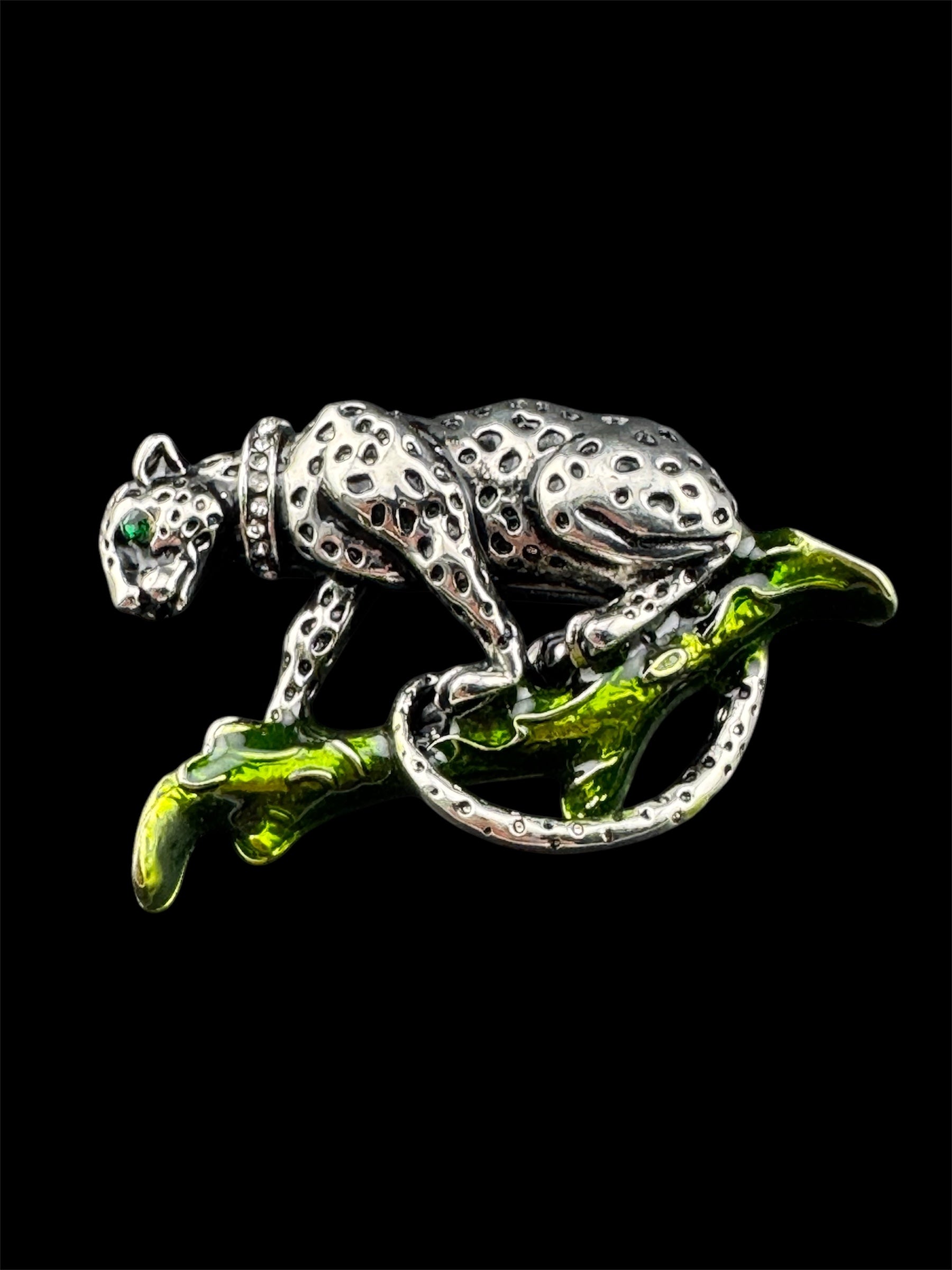 green enamel rhinestone silver tone Big Cat leopard brooch for coat