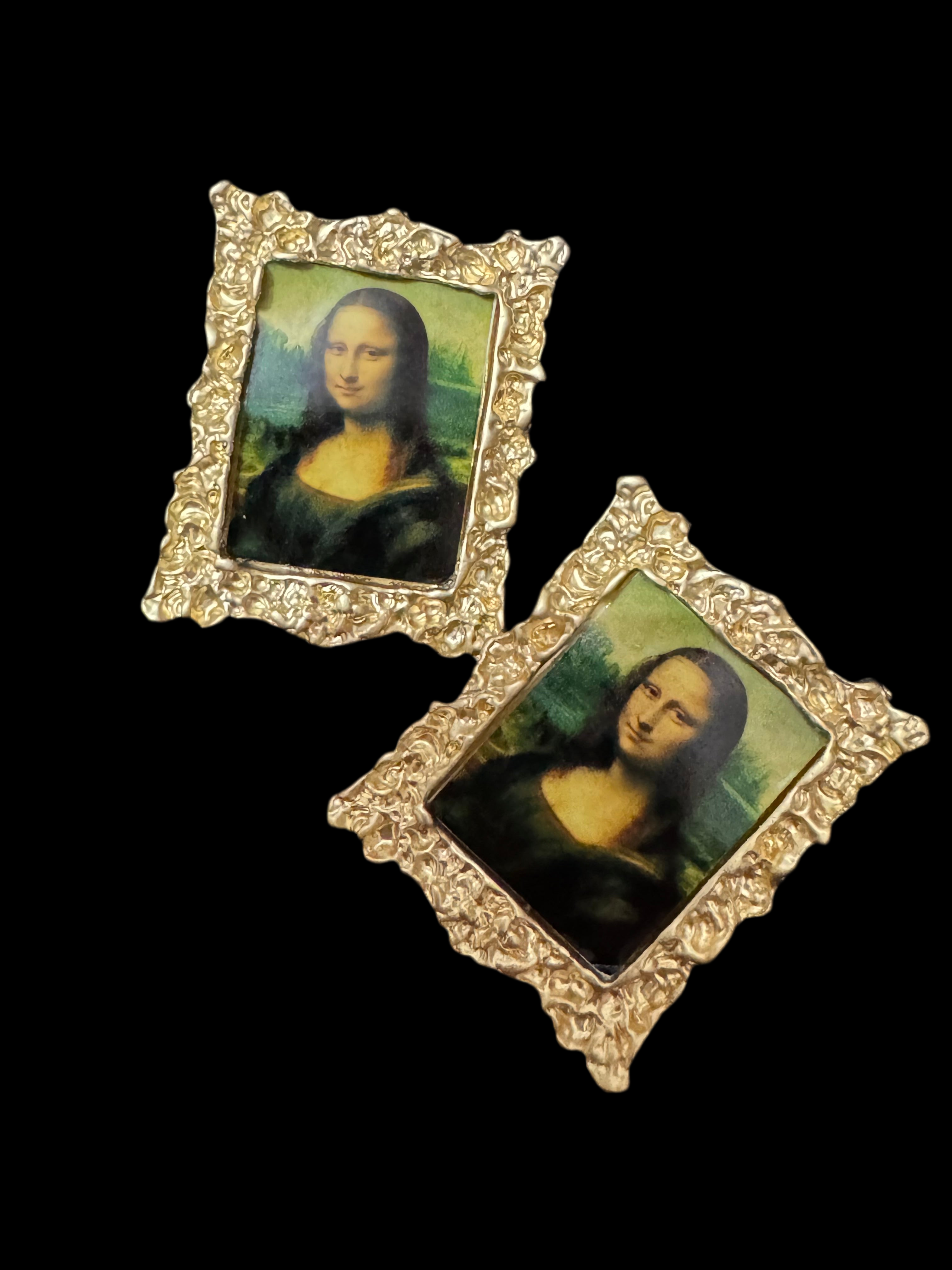 Novelty great masters pairings oversized gold framed portrait earrings