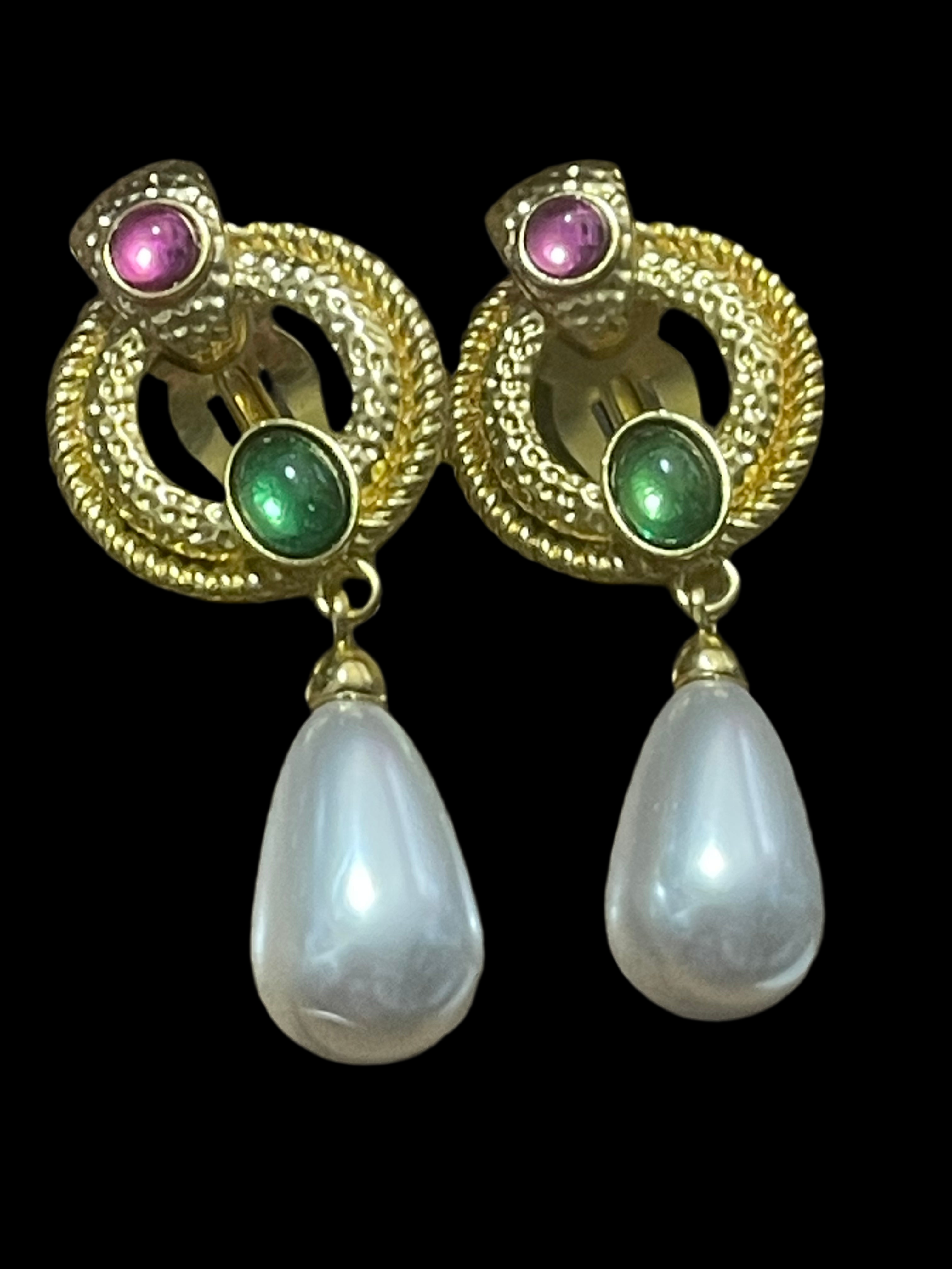 Dangly gold emerald pink pearl teardrop gripoix style clip on drop earrings