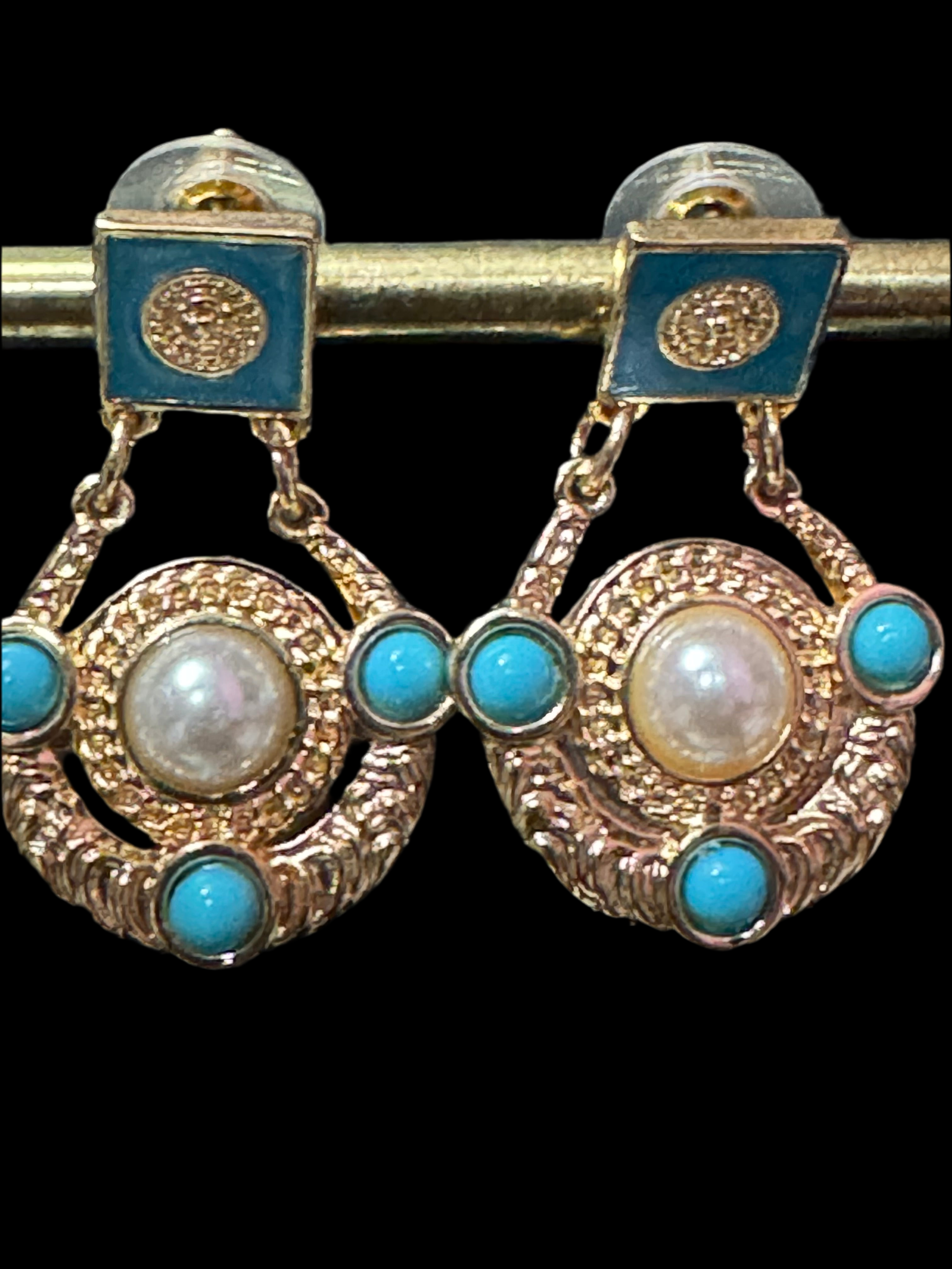 Etruscan gold disc drop earrings with turquoise and pearl cabochons