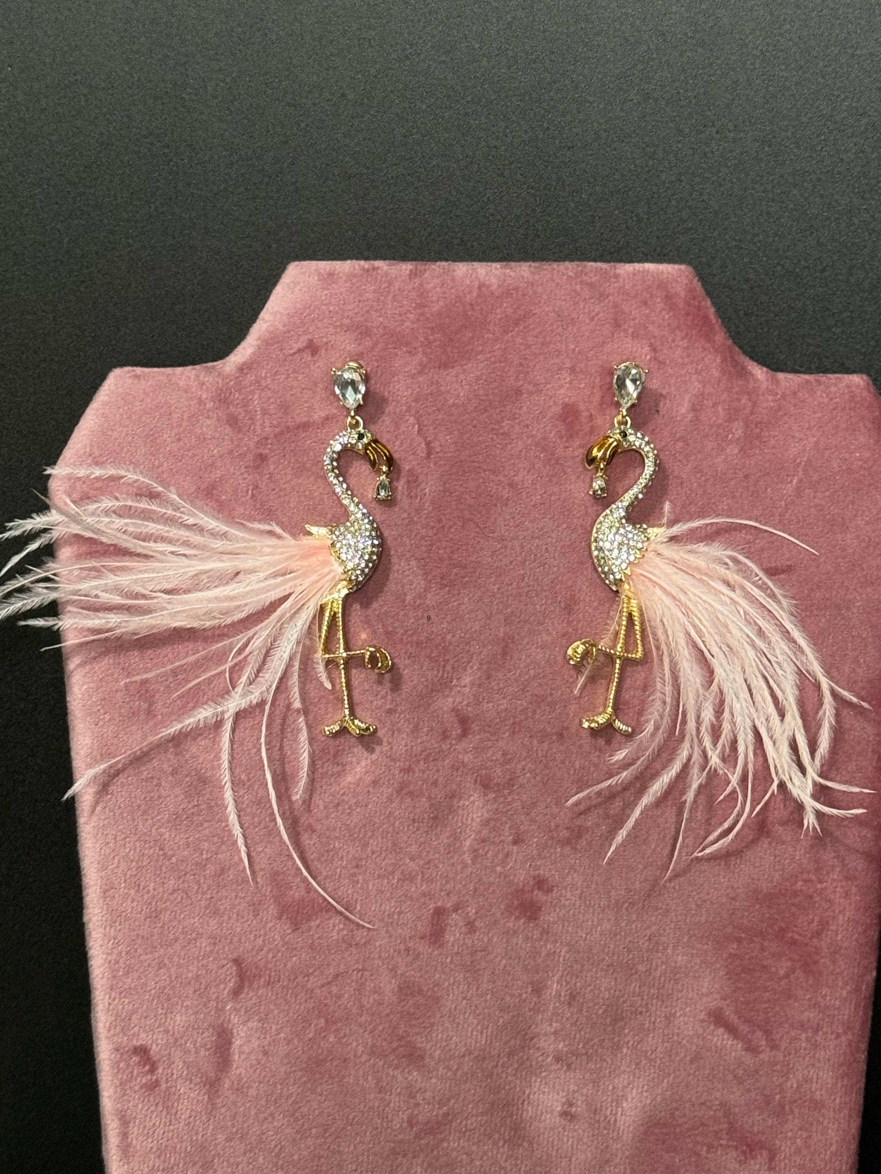 Baby pink feathered oversized clear diamanté flamingo dangly earrings