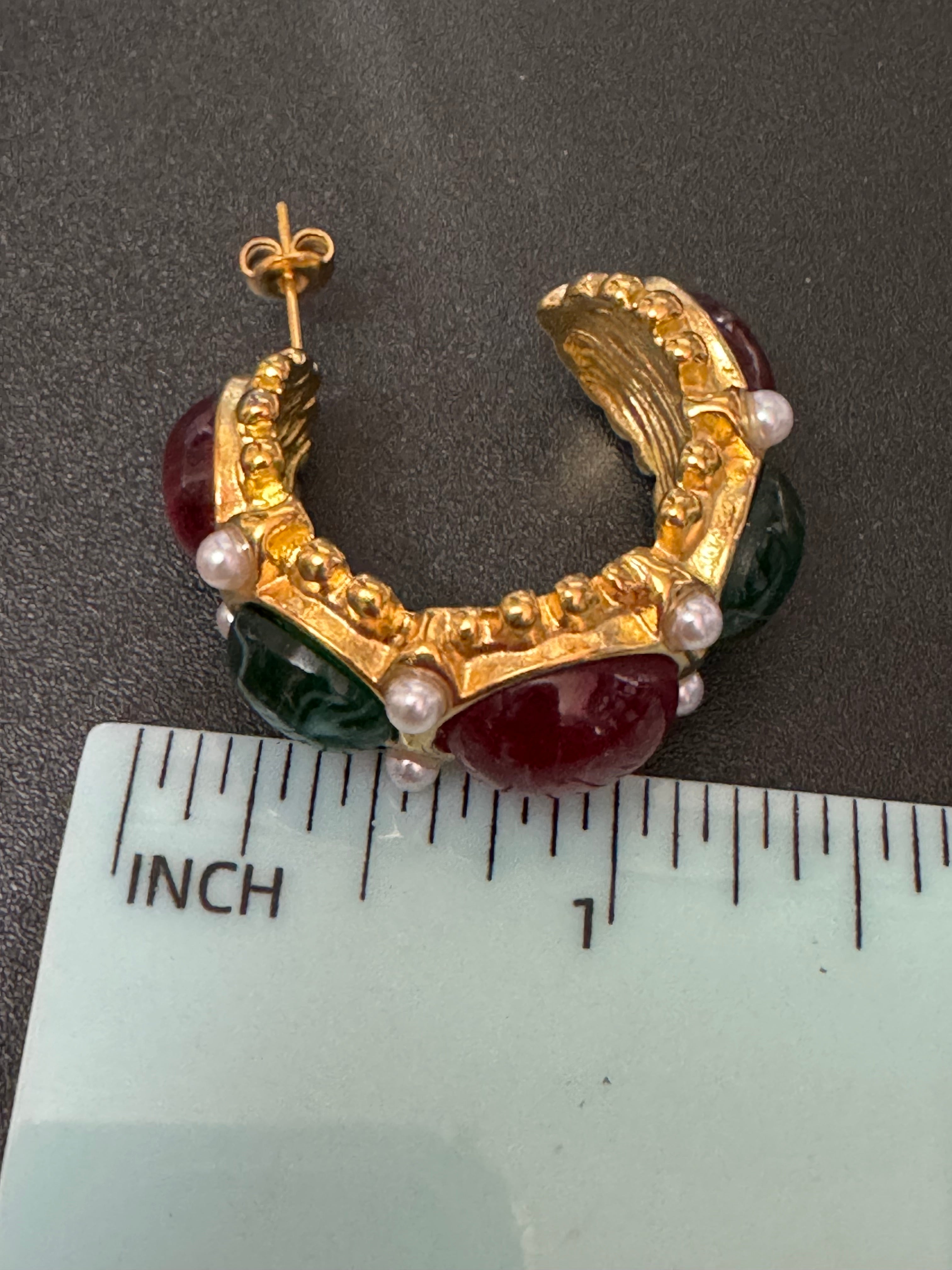 gold wide rainbow gripoix style cabochon pierced hoop earrings