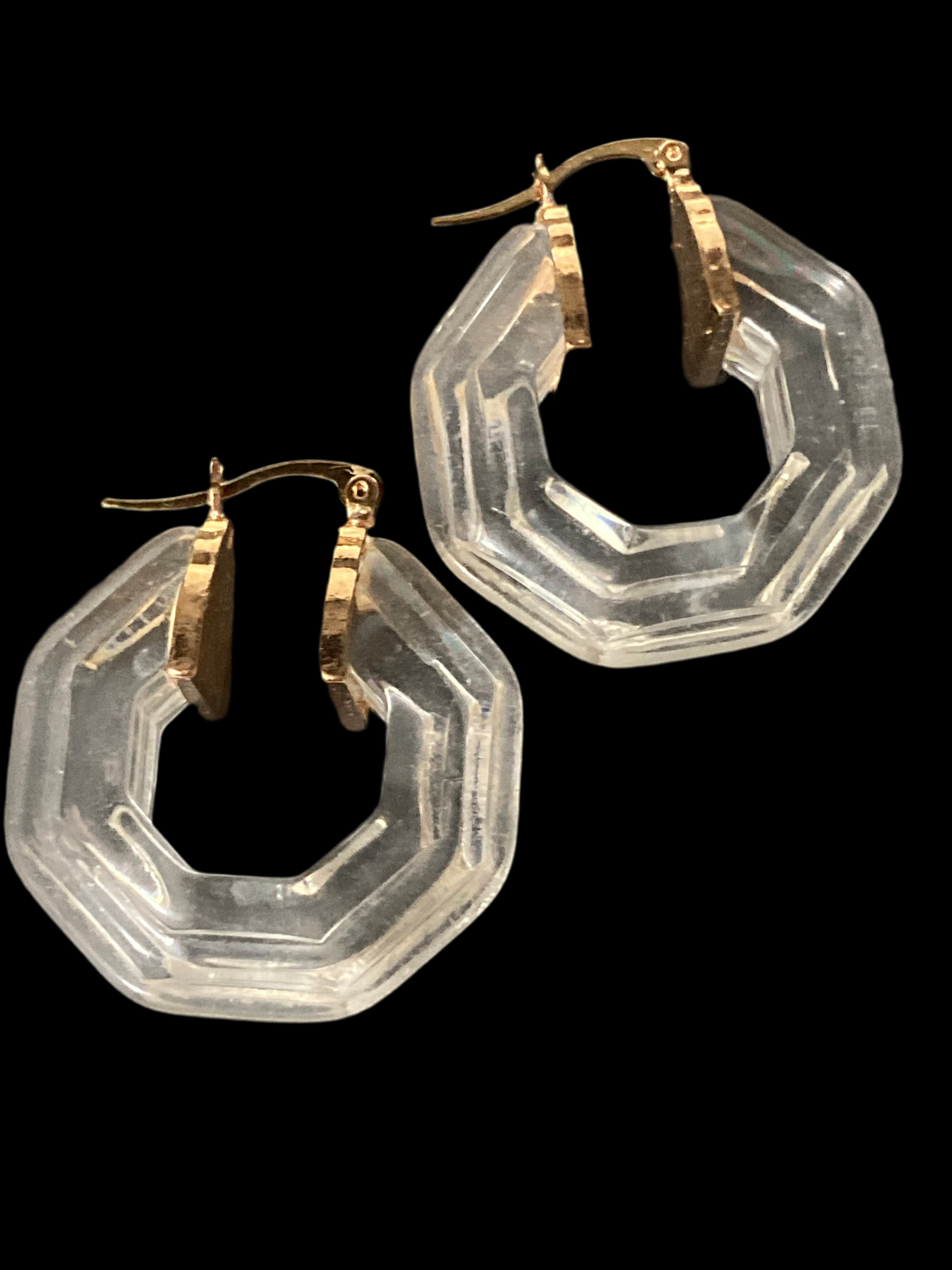 Octagonal Clear acrylic gold tone hoop earrings