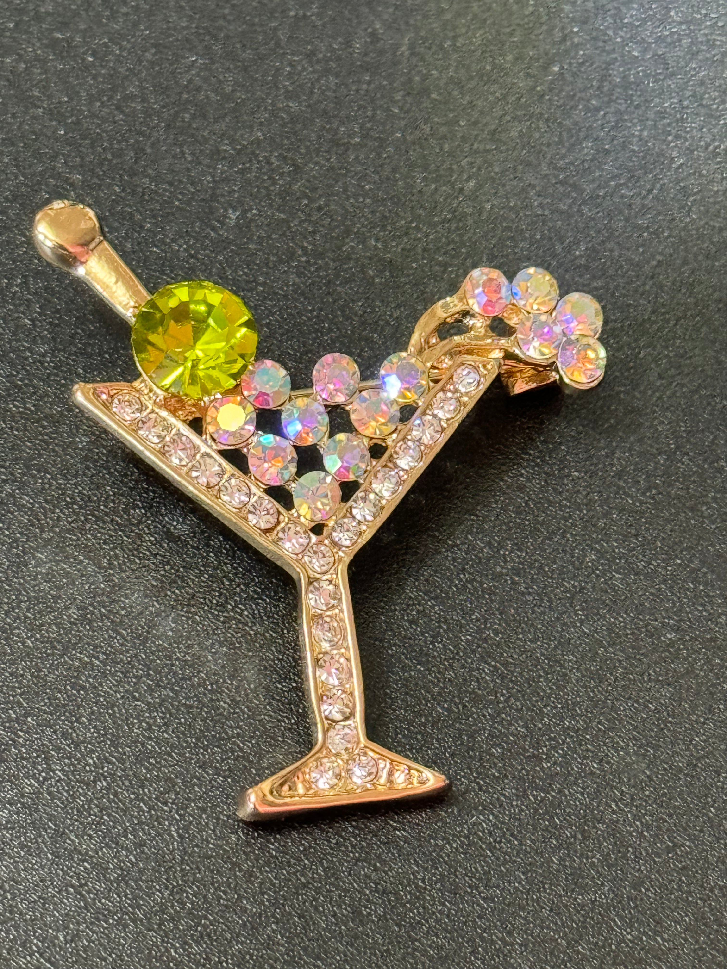 Champagne cocktail glass with green olive diamanté Crystal martini brooch gold tone