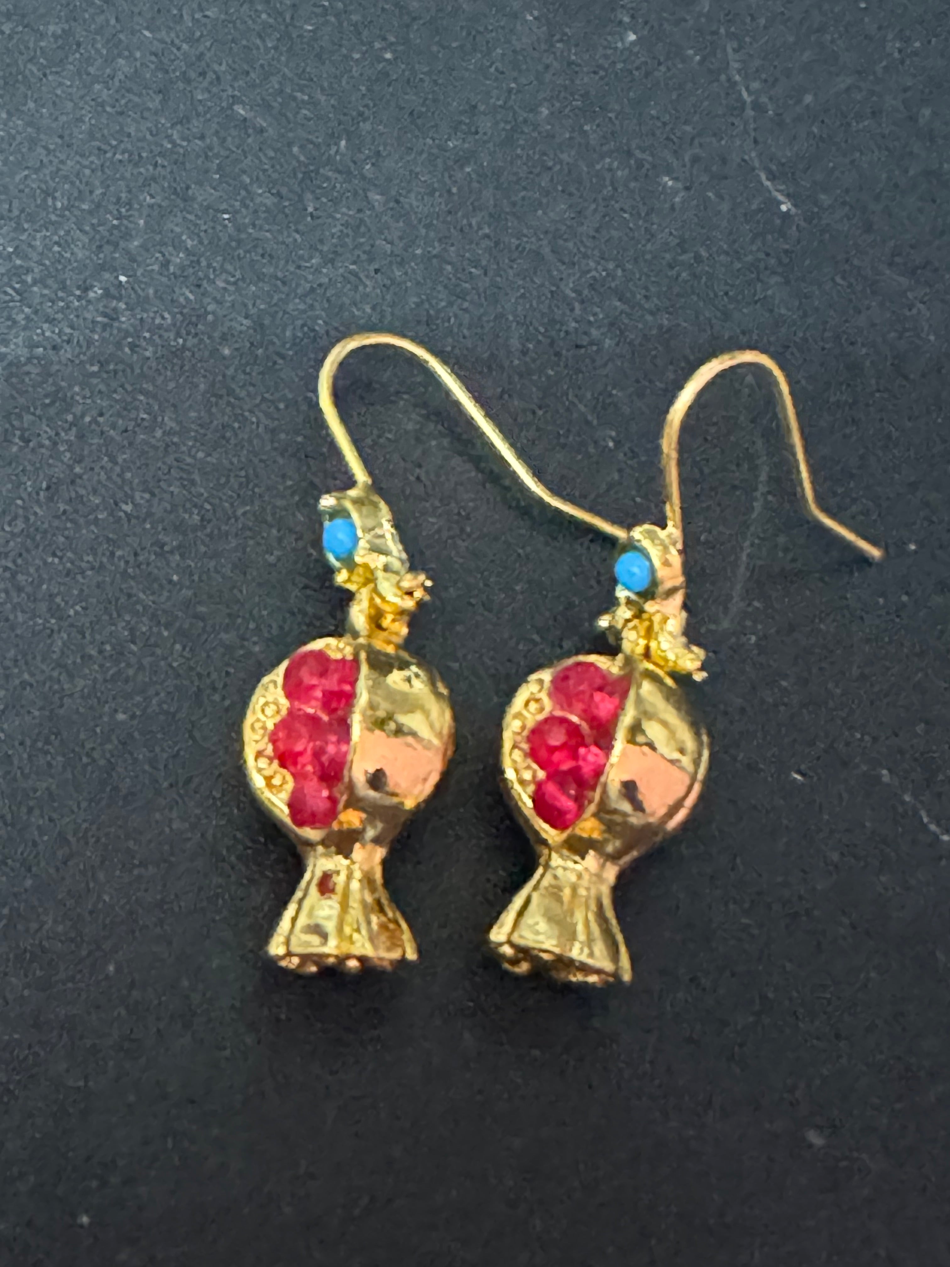 Small red and gold plated quirky pomegranate Christmas fruit earrings pierced