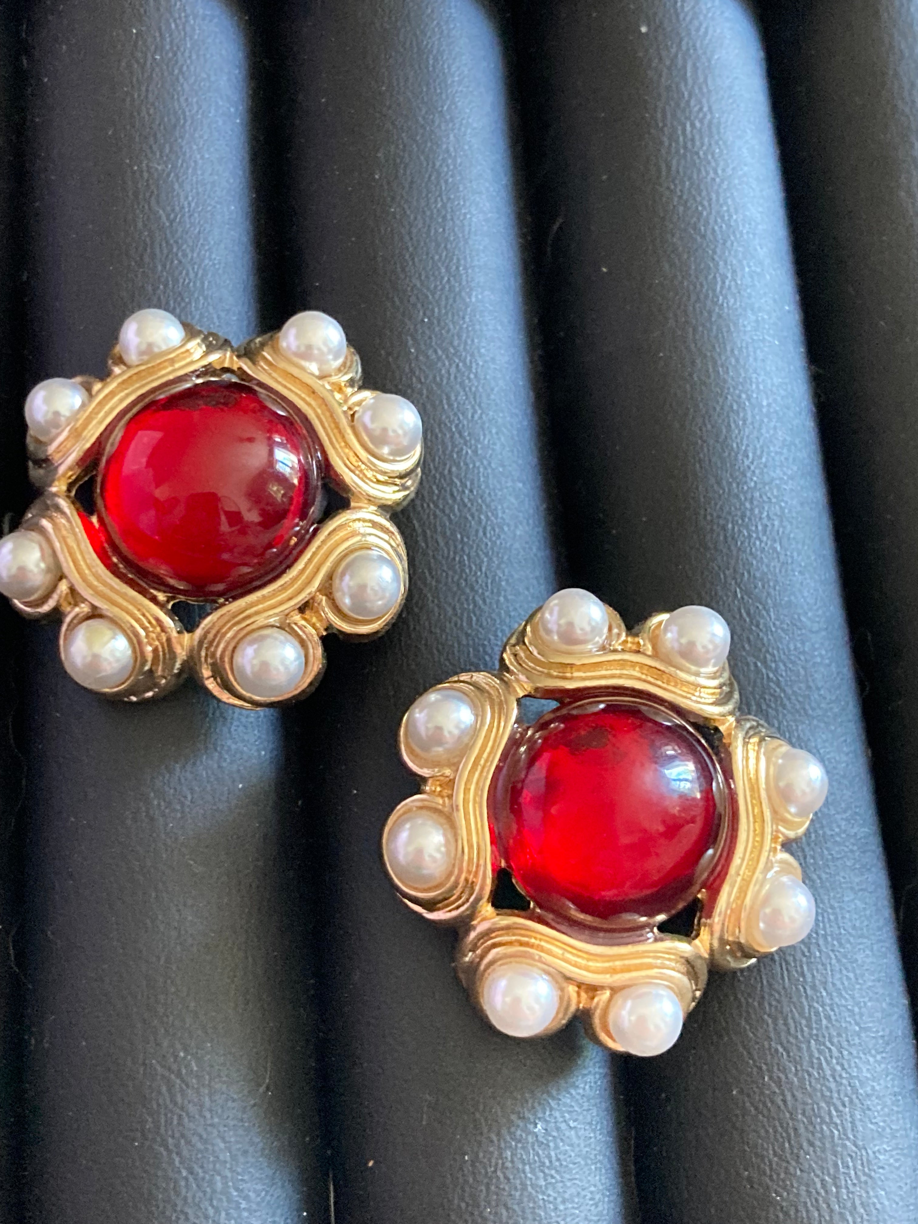 gold ruby faux pearl gripoix style cabochon round pierced stud earrings