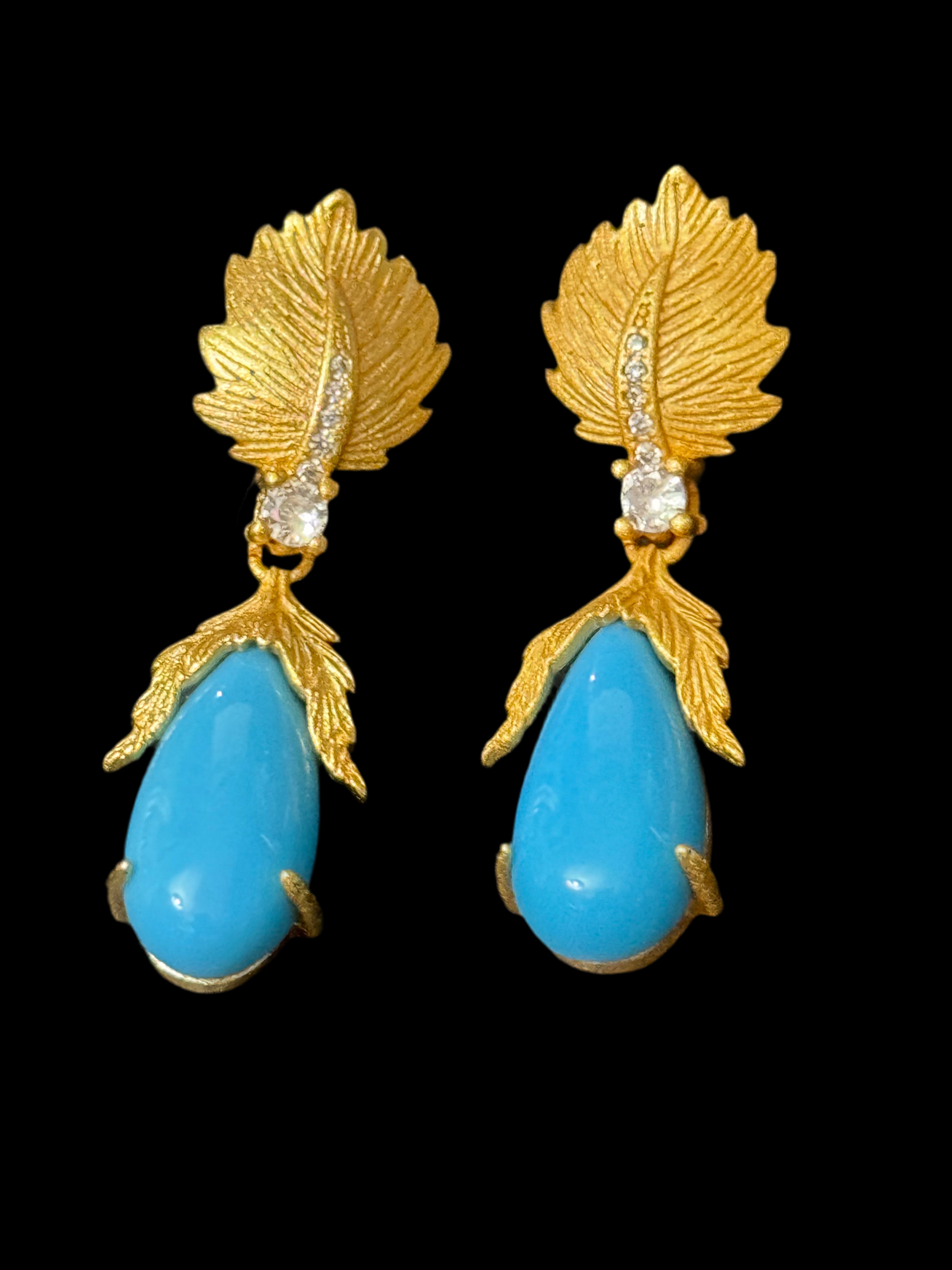 High end Antique Etruscan style gold tone faux turquoise teardrop earrings