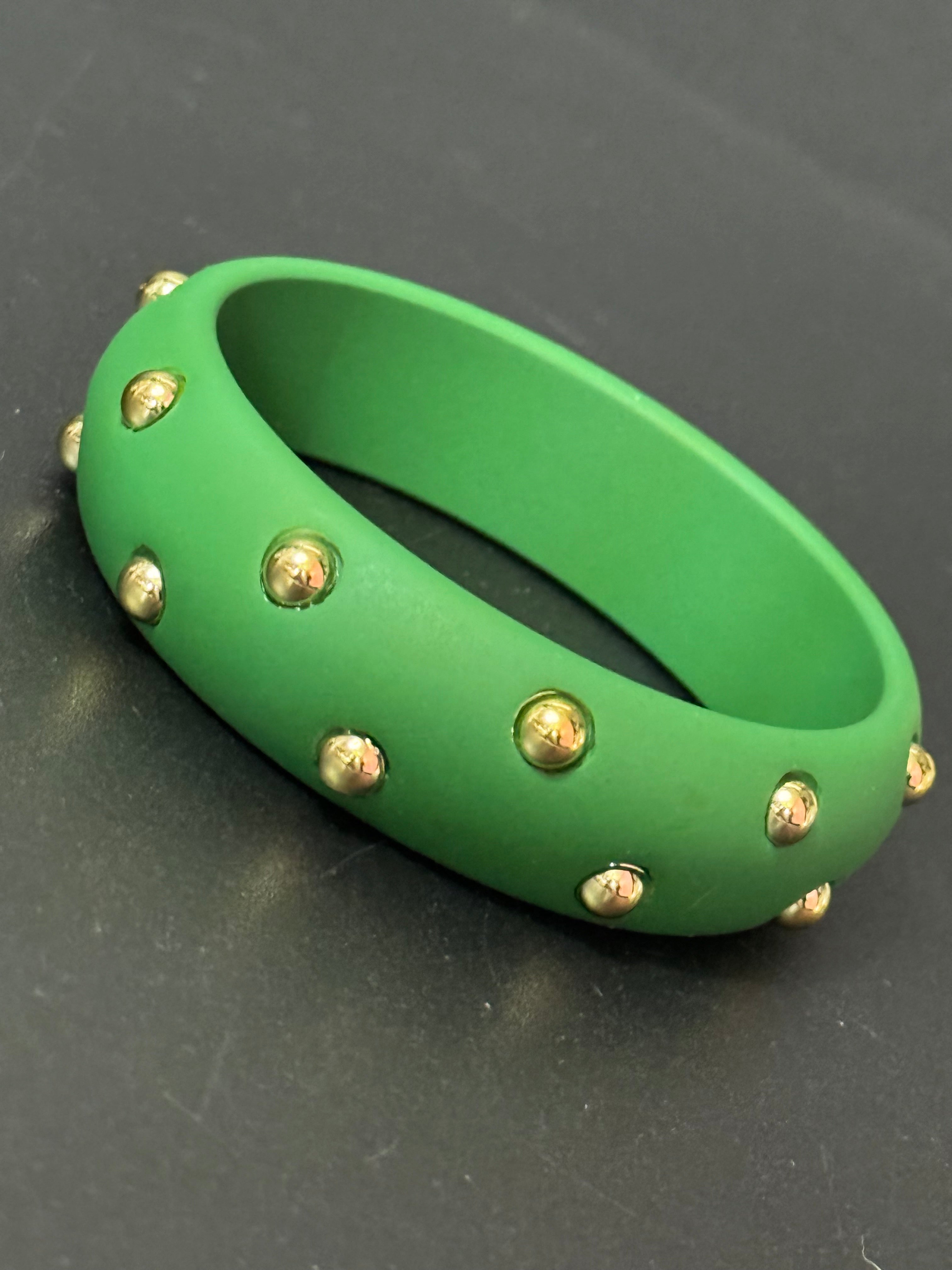 Bright Matt Green gold metal studded wide plastic bangle