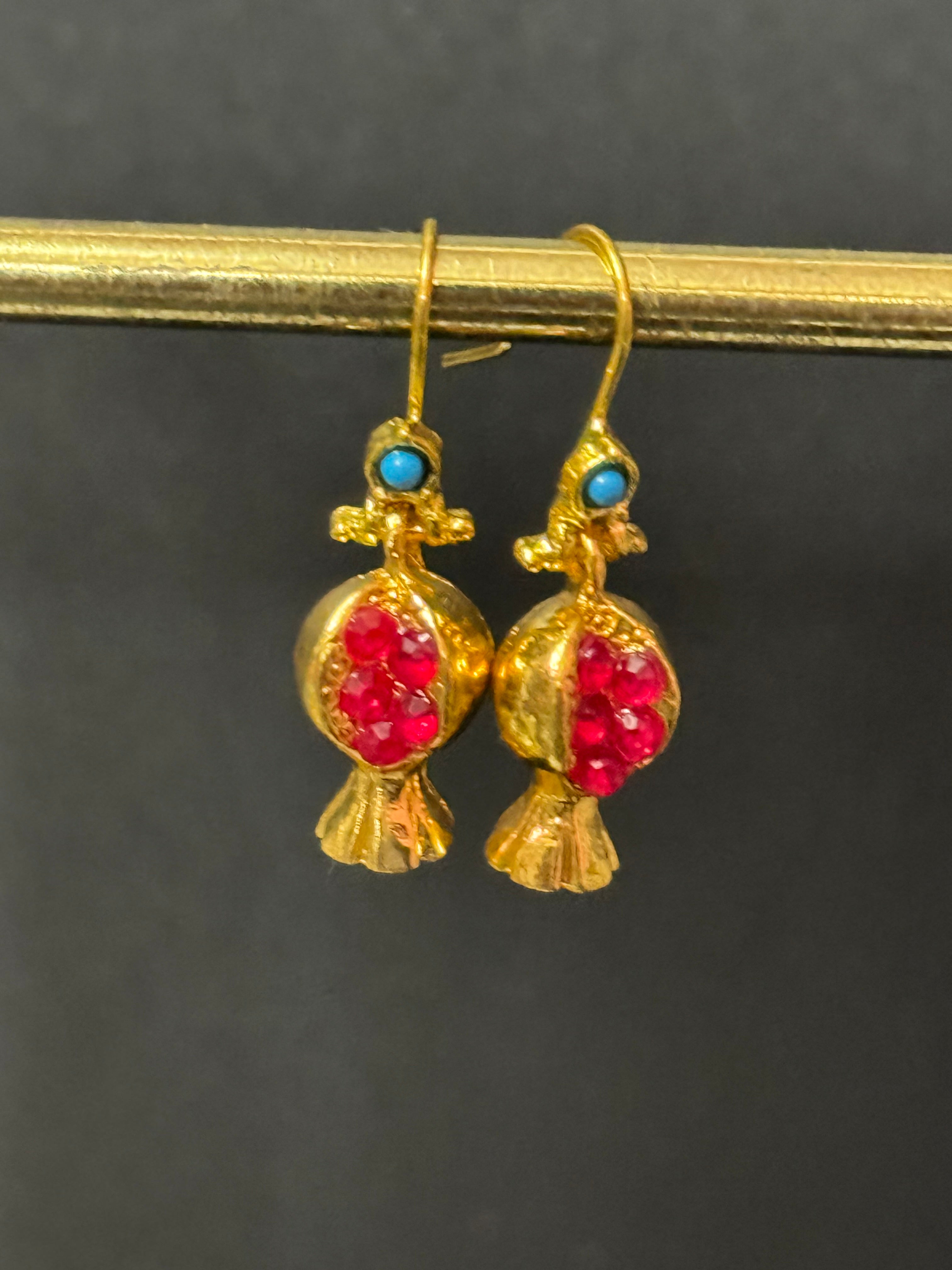 Small red and gold plated quirky pomegranate Christmas fruit earrings pierced