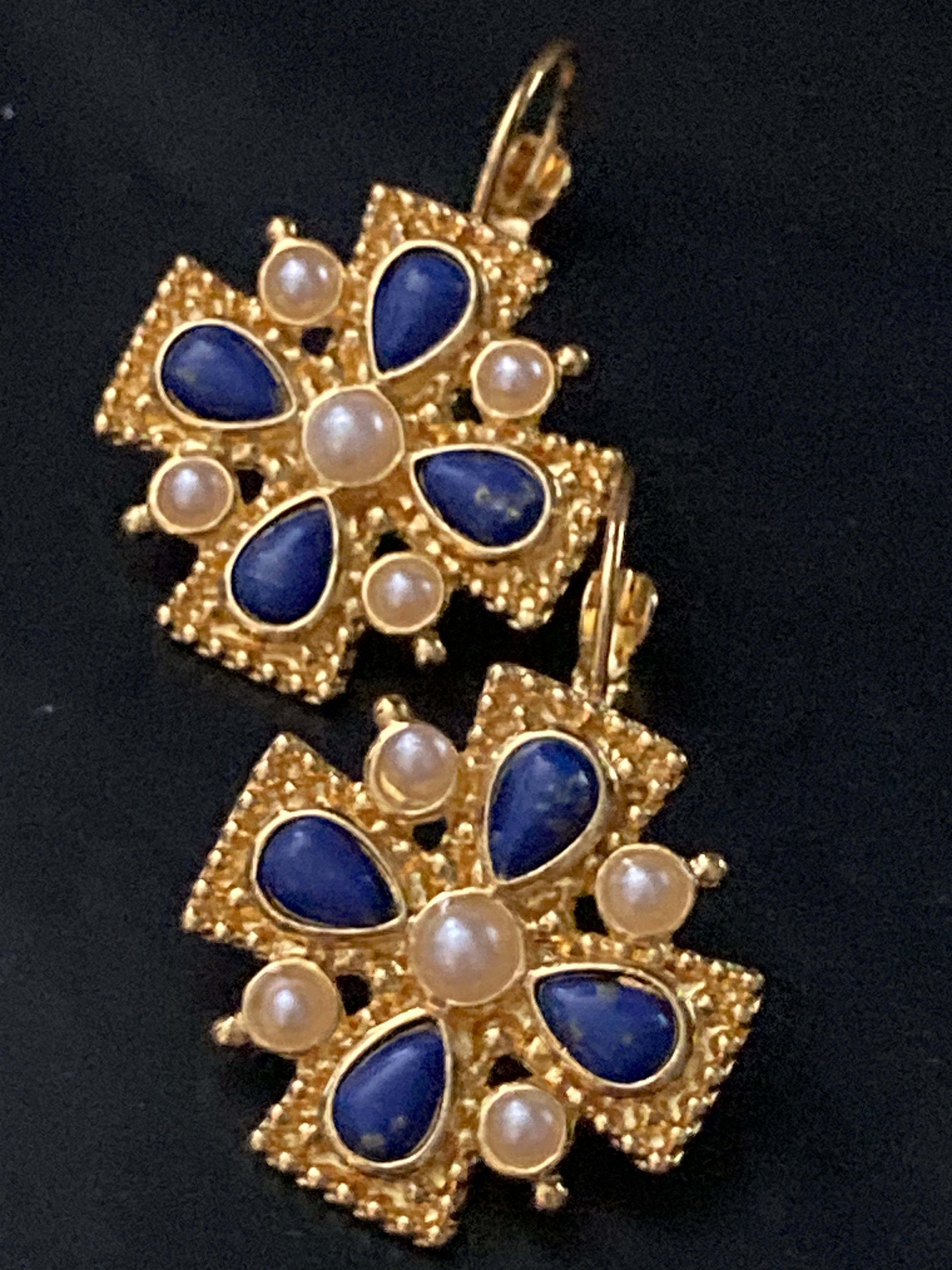 Etruscan medieval style Maltese cross lapis lazuli and pearl oversized drop earrings