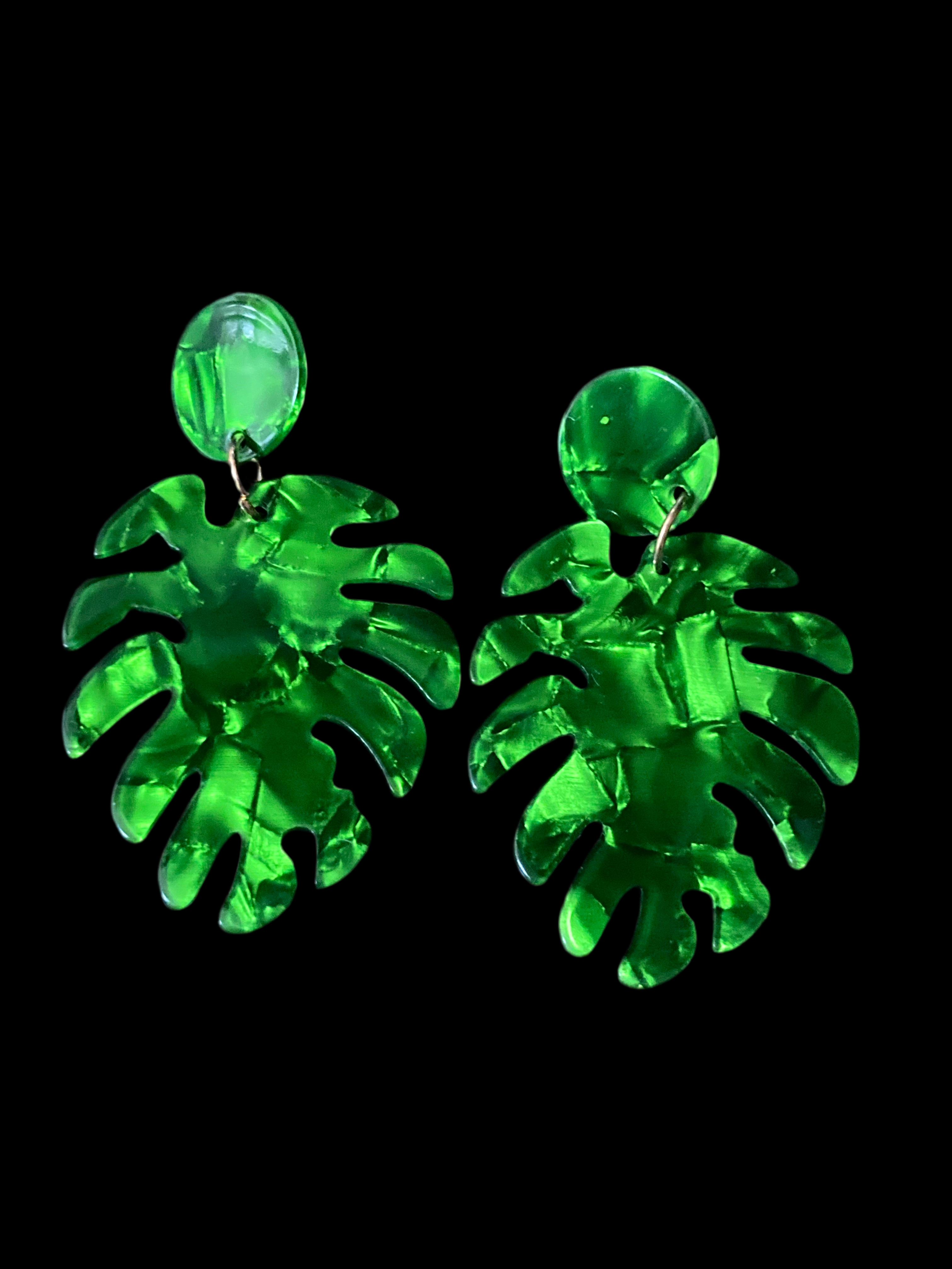 Green marbled acrylic palm leaf earrings