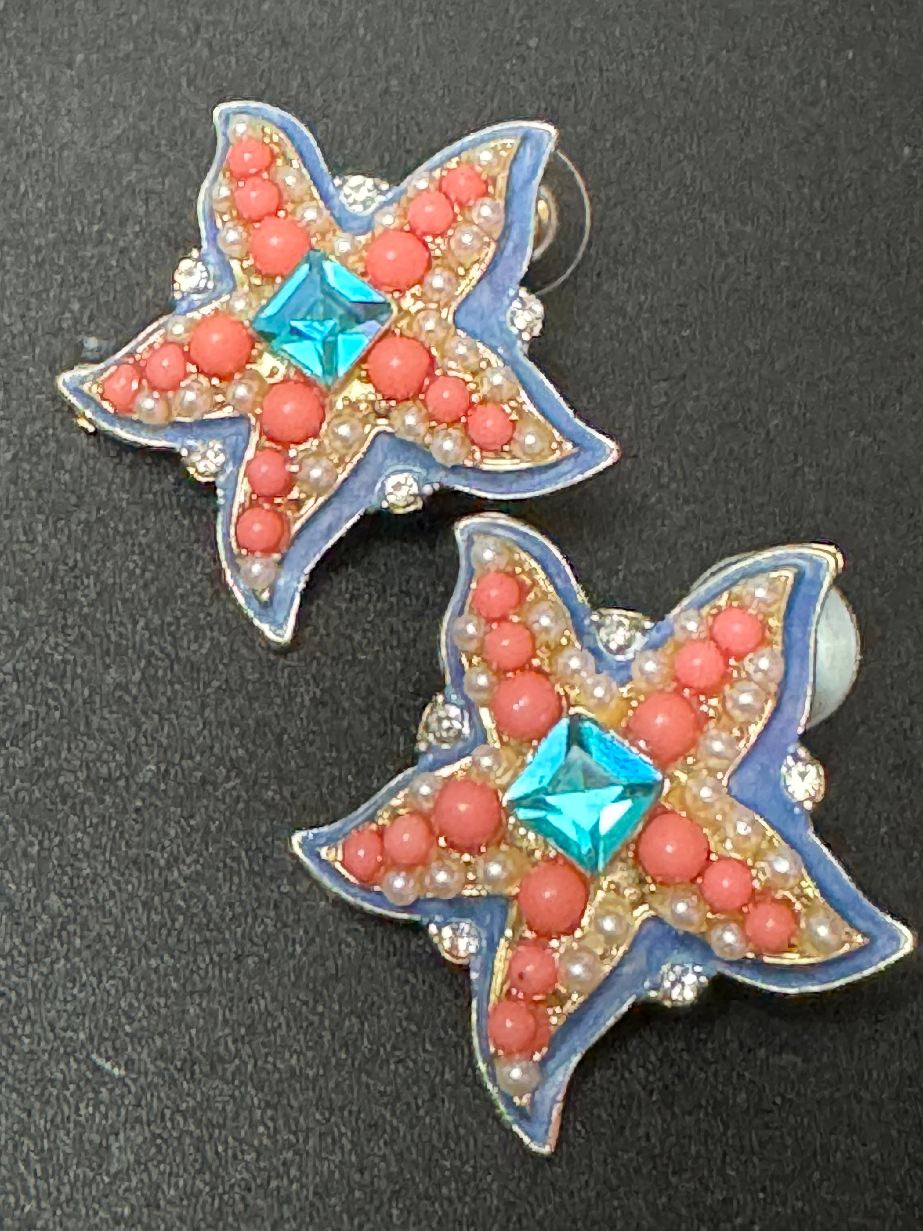 Oversized coral and turquoise starfish stud earrings