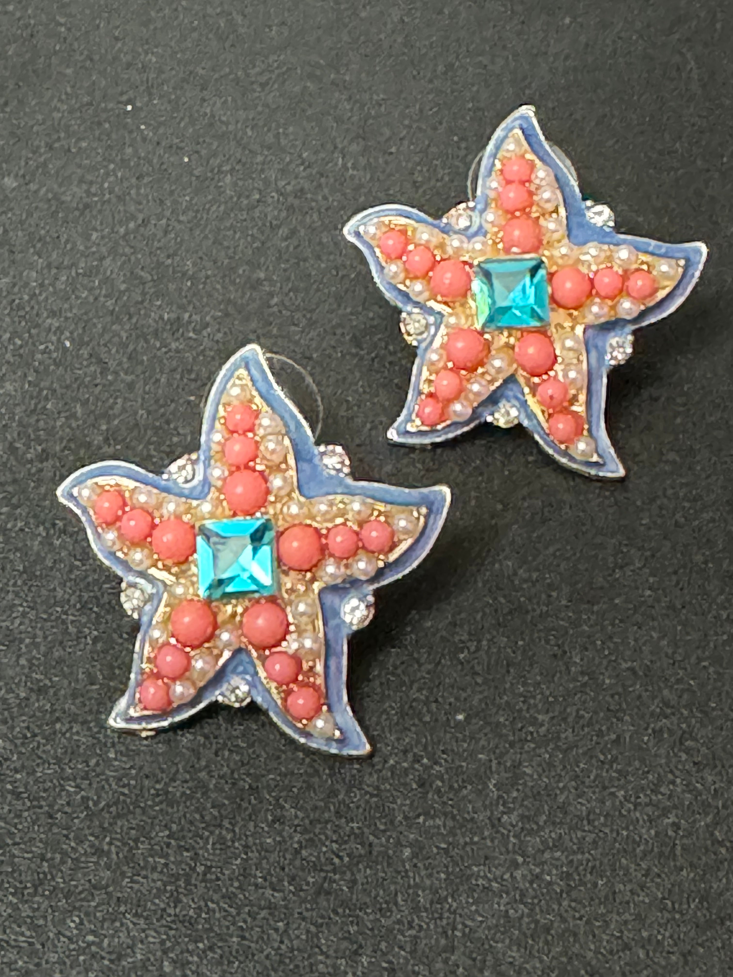 Oversized coral and turquoise starfish stud earrings