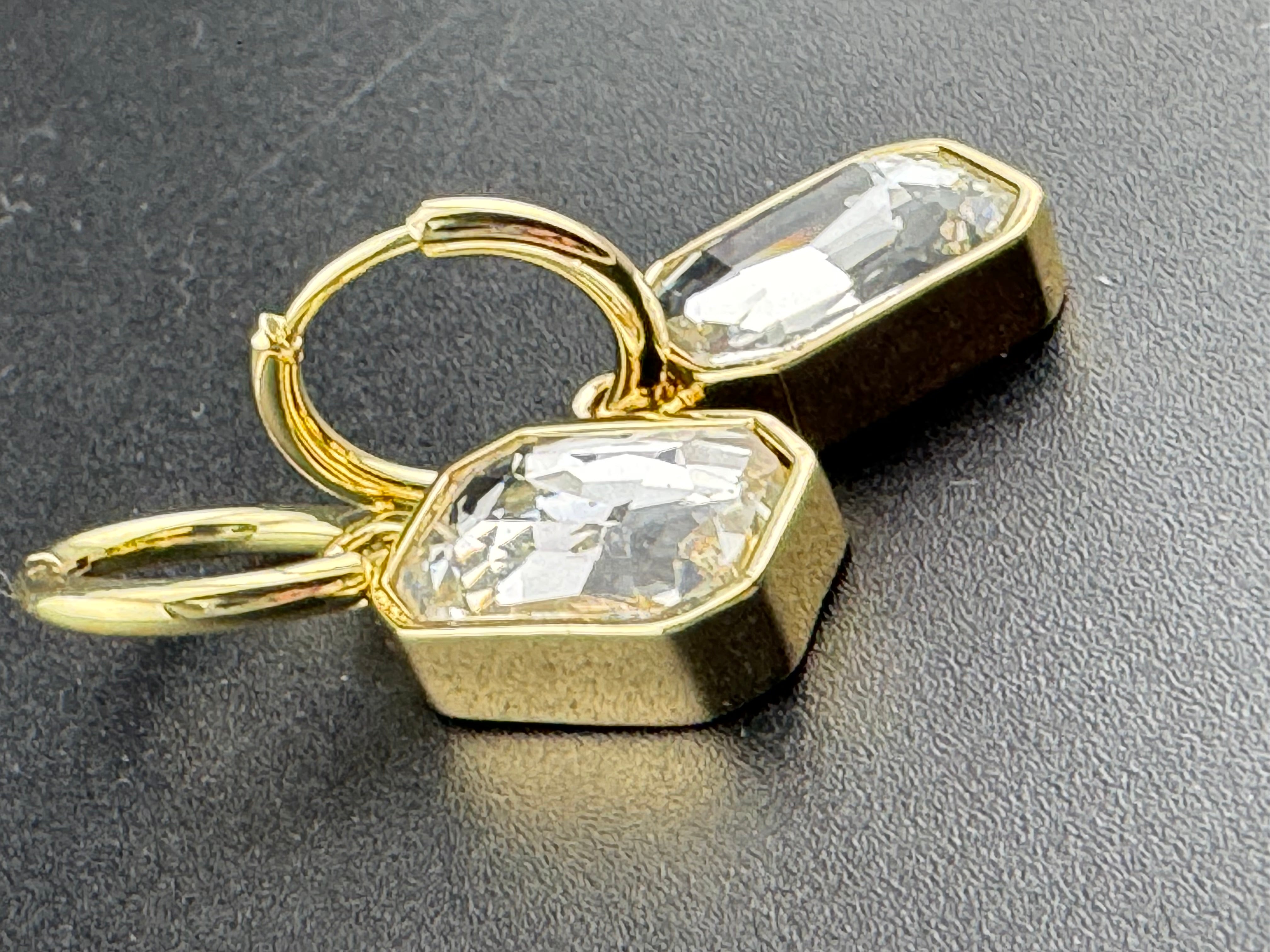 Clear diamond glass crystal octagonal charm small hoop earrings pierced, gold plated