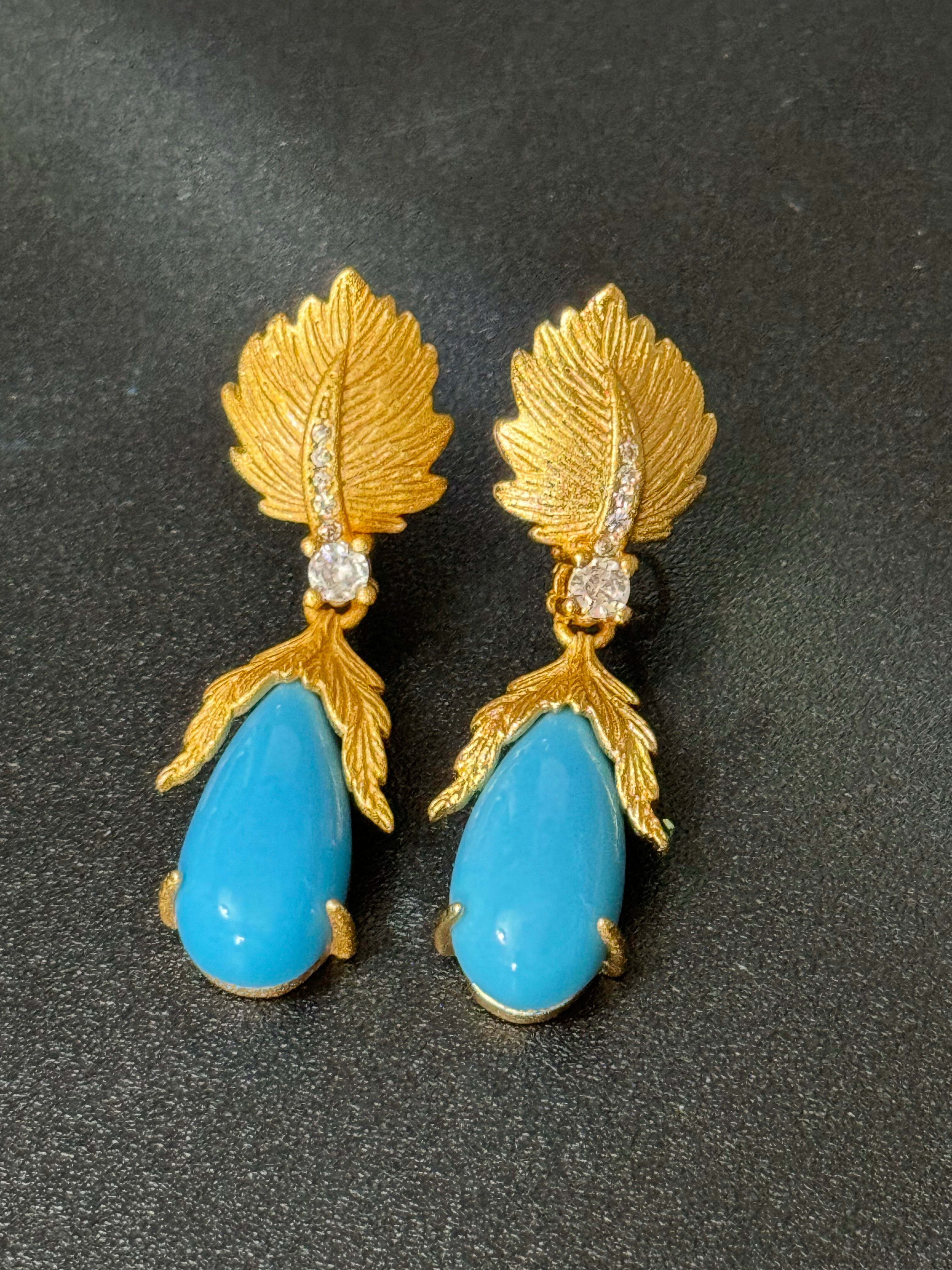 High end Antique Etruscan style gold tone faux turquoise teardrop earrings