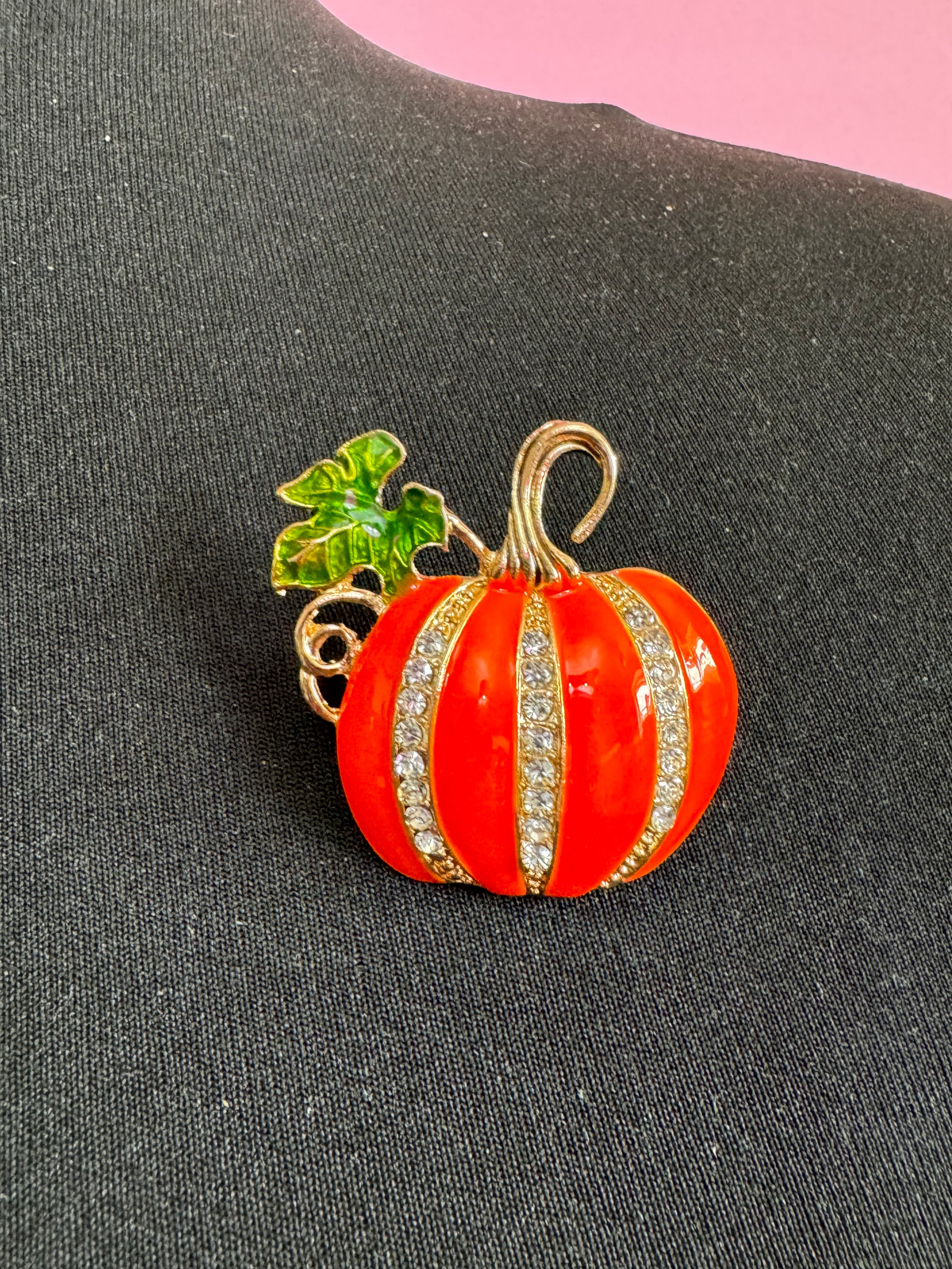 Bright orange crystal pumpkin brooch