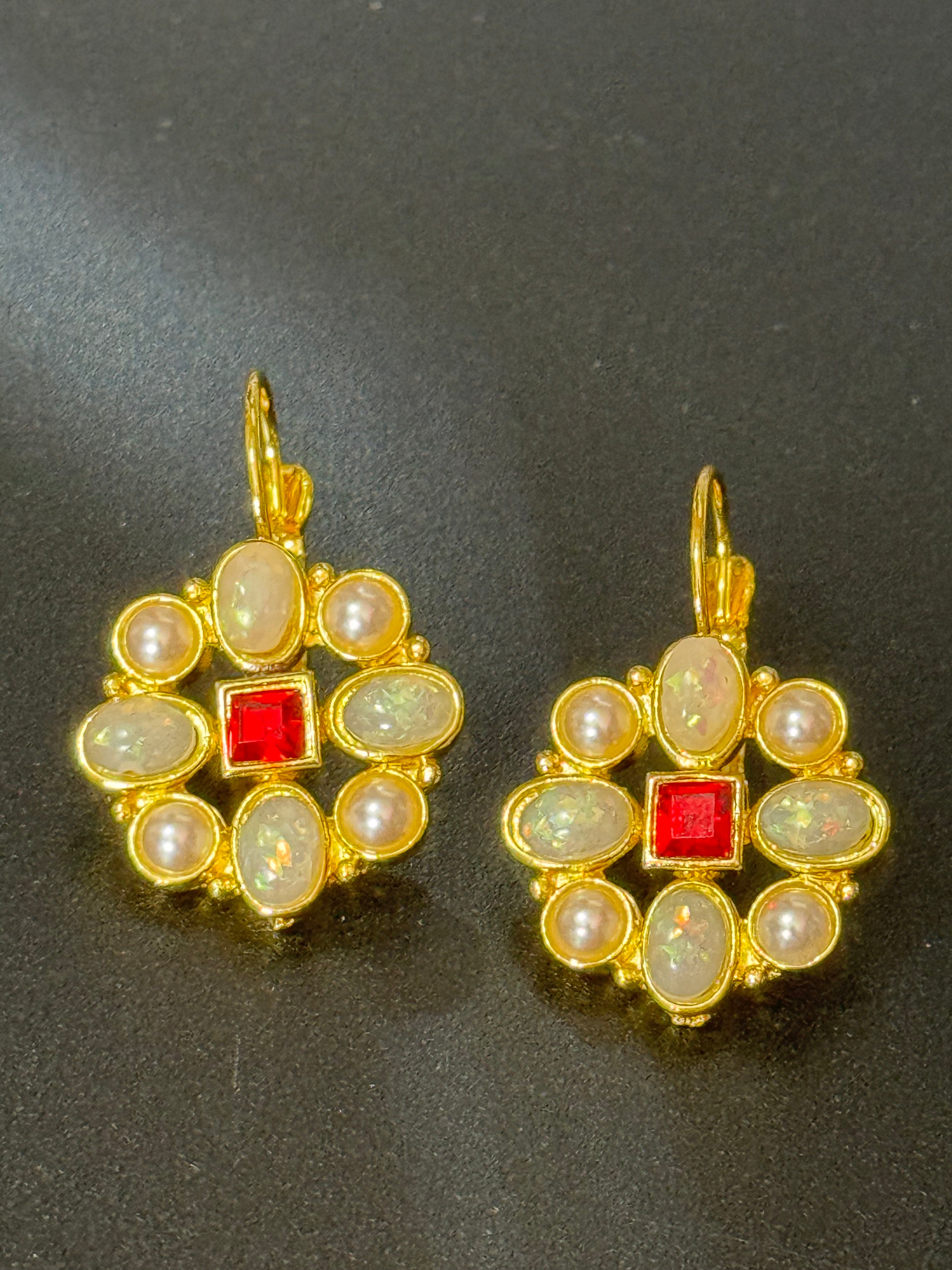 Etruscan medieval style ruby crystal and pearl drop earrings