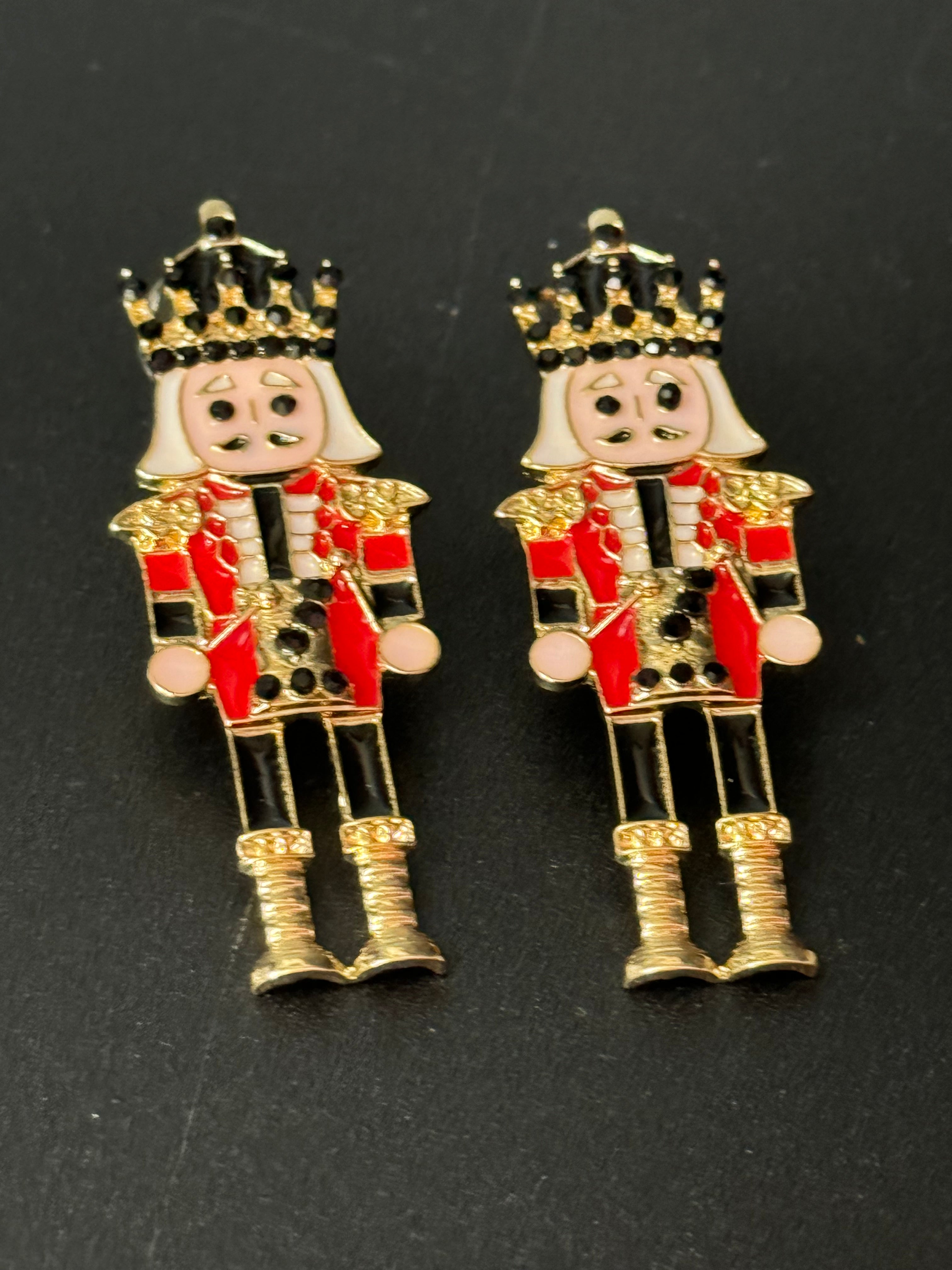 Traditional Christmas red and black enamel nutcracker man soldier earrings oversized