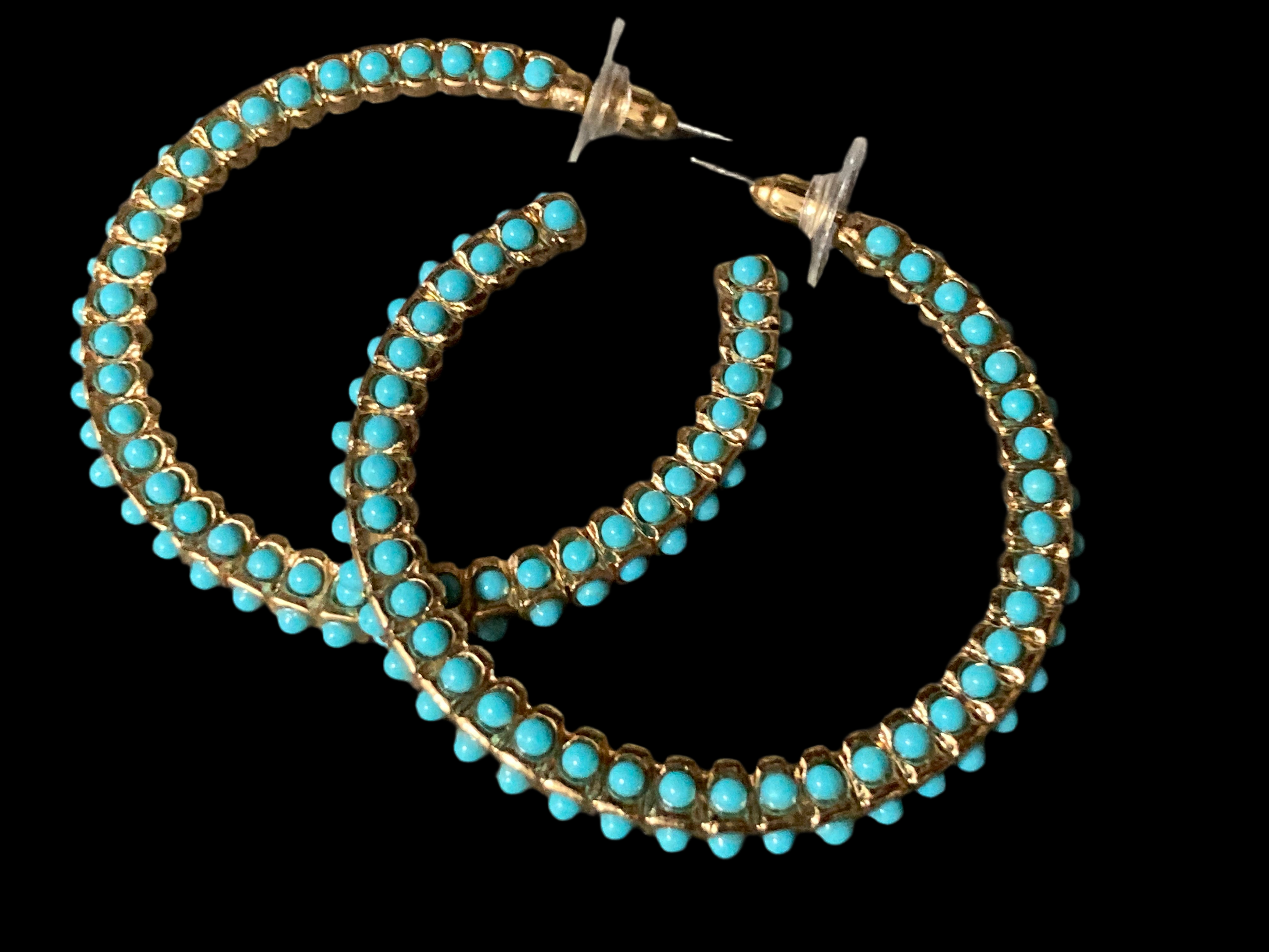 Large turquoise beaded gold hoop earrings