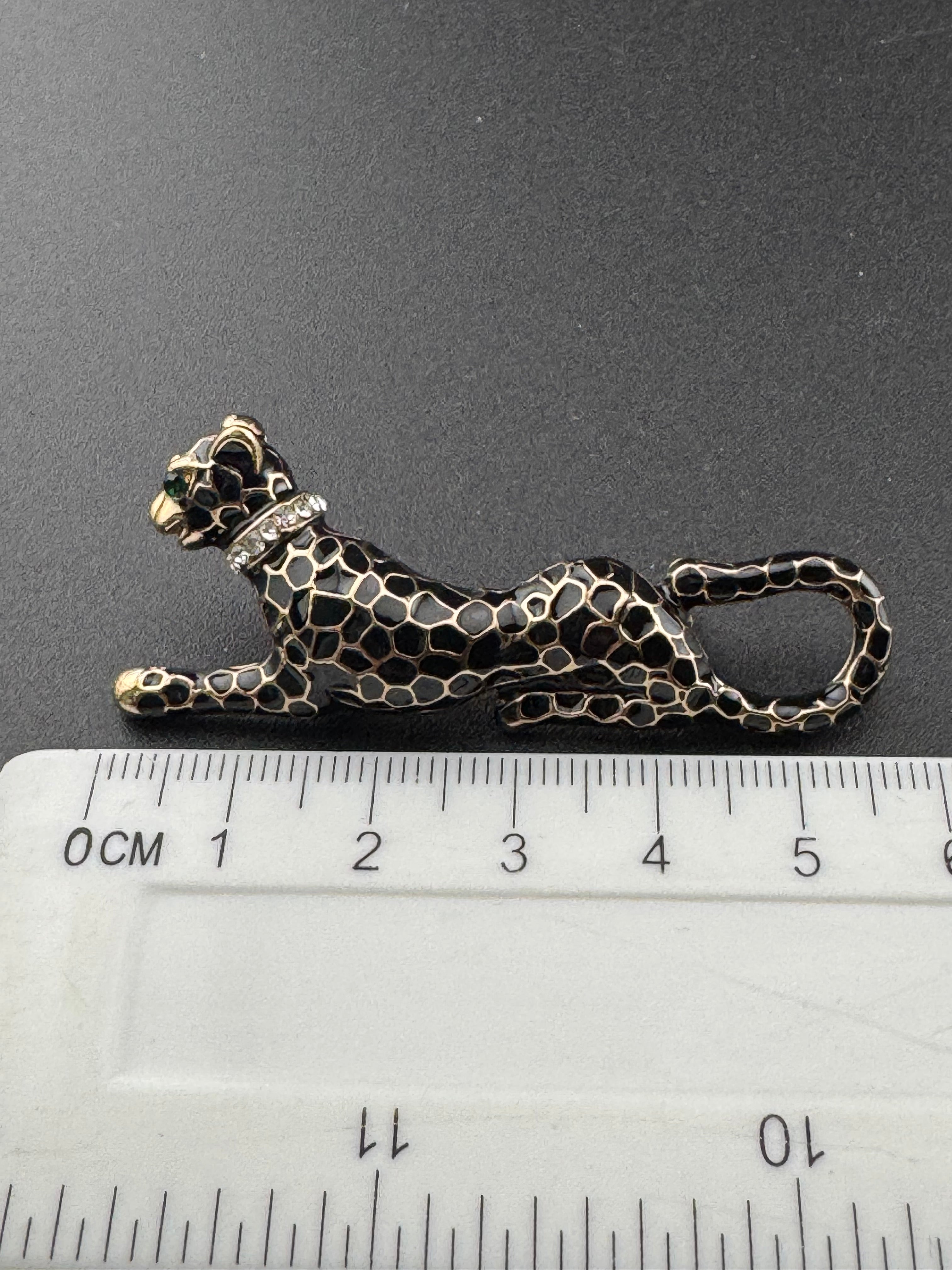 Black enamel crystal Big Cat leopard panther puma brooch gold tone