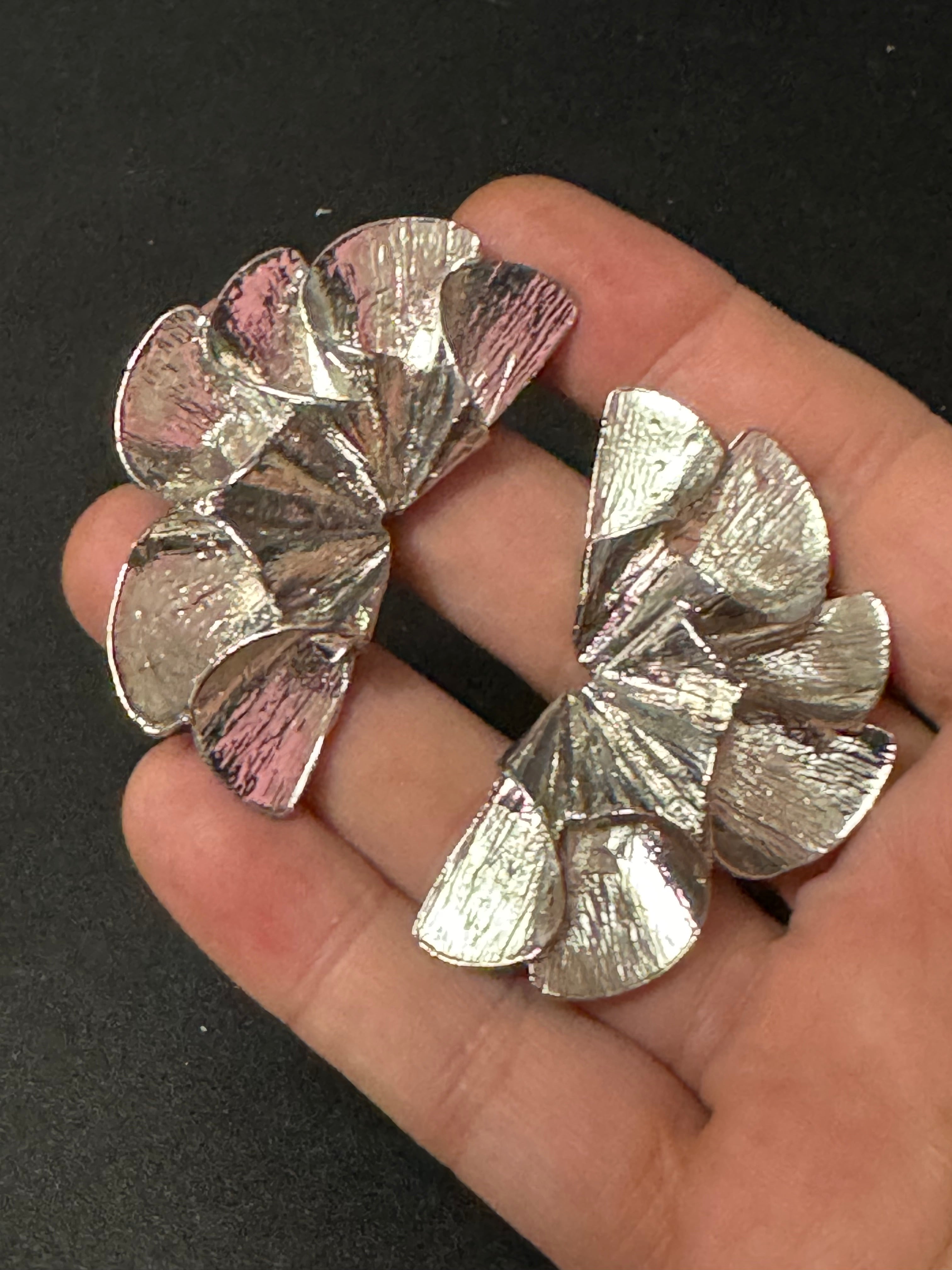 Oversized silver tone statement Textured fan pierced stud earrings