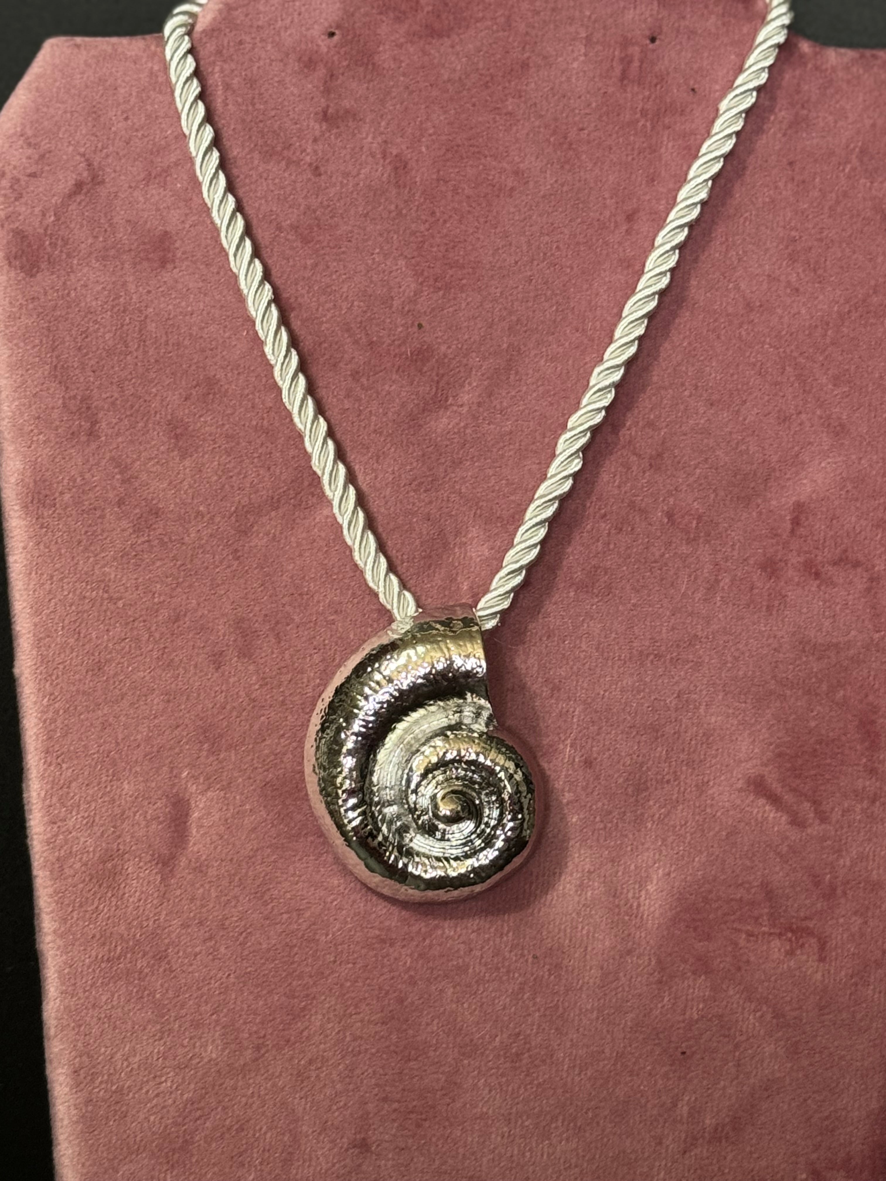 Oversized silver seashell ammonite nautical shell necklace on white cord