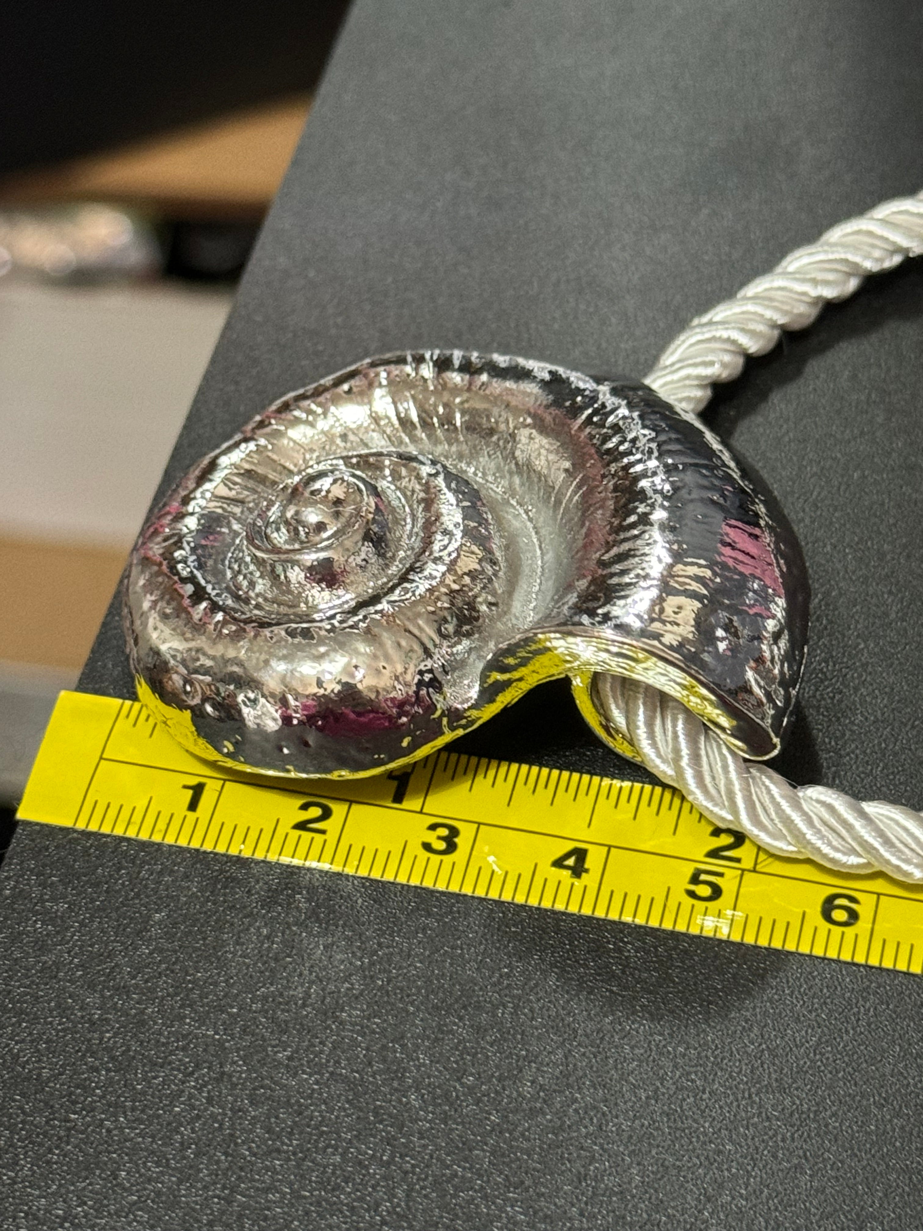 Oversized silver seashell ammonite nautical shell necklace on white cord