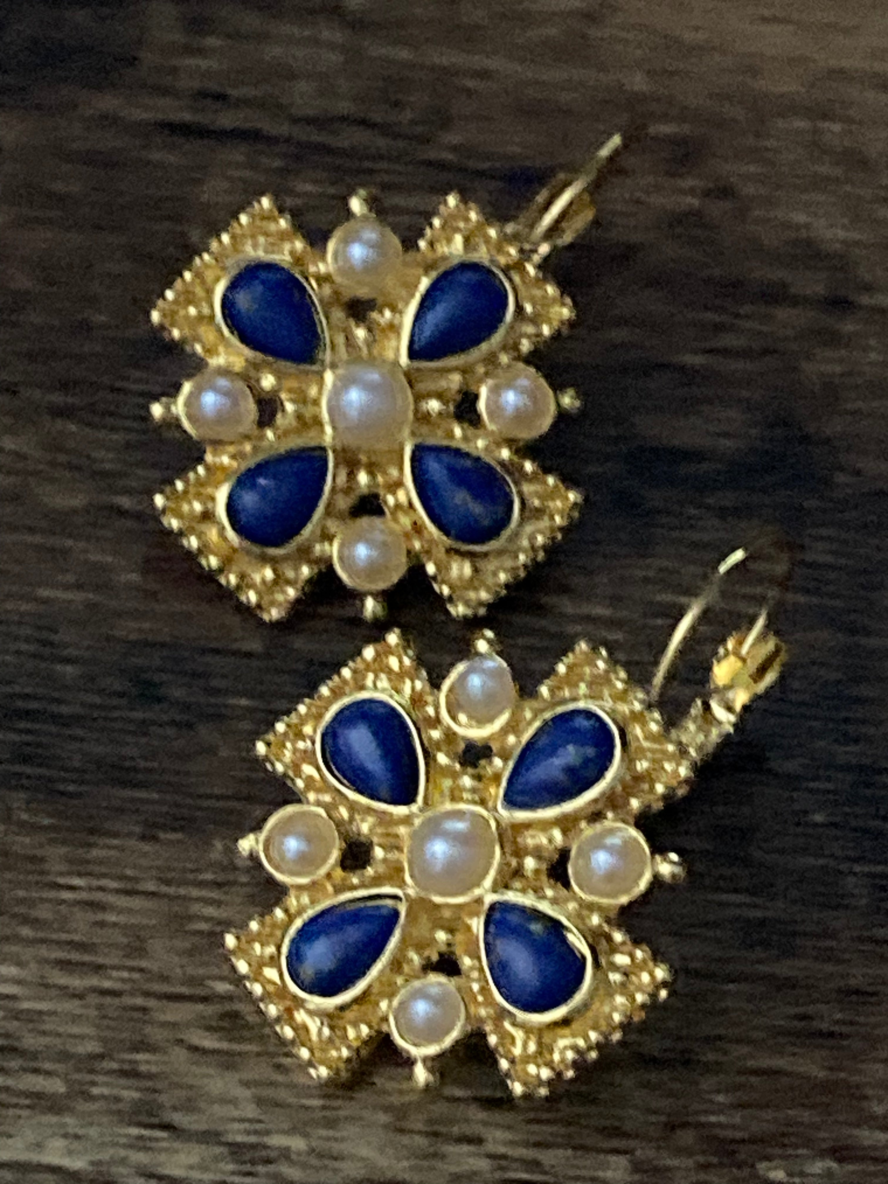 Etruscan medieval style Maltese cross lapis lazuli and pearl oversized drop earrings