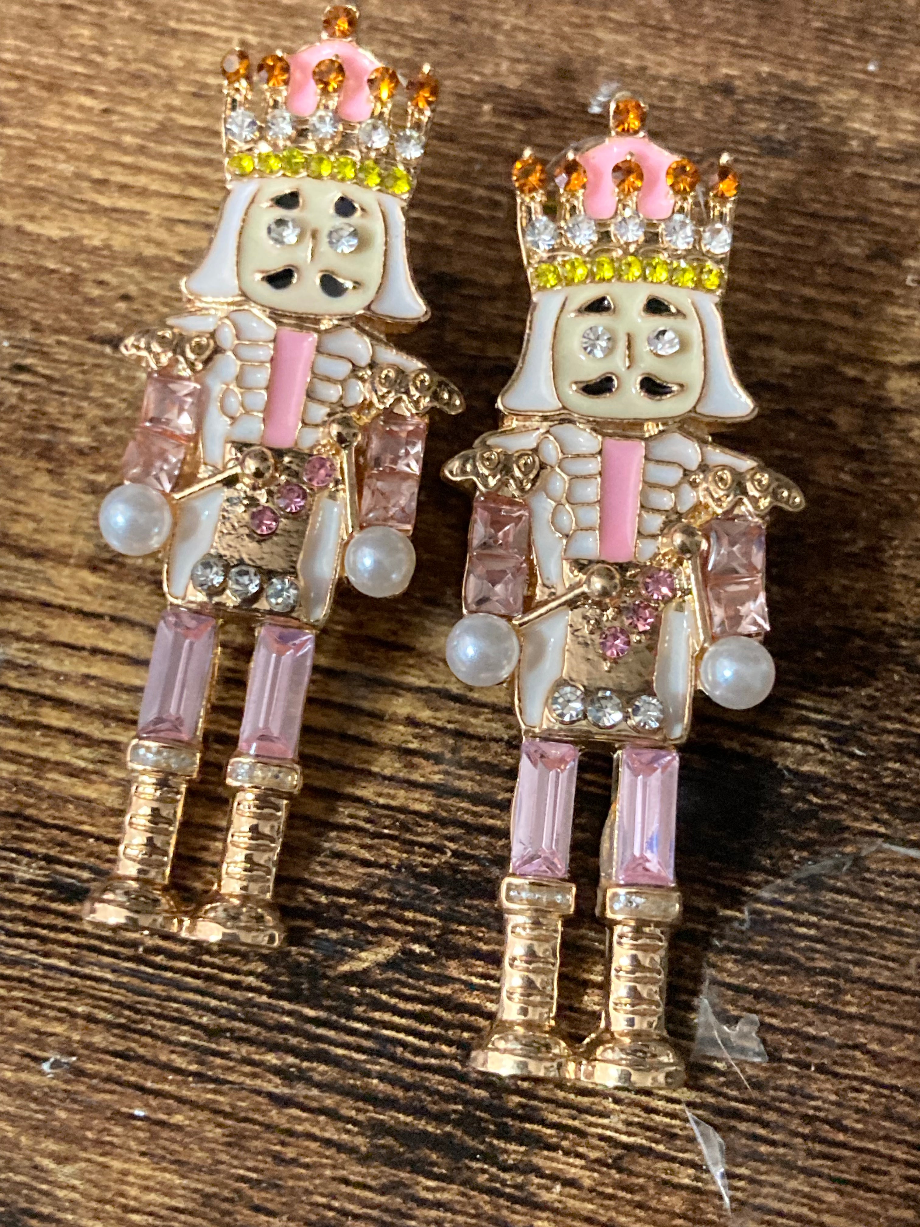 Christmas baby pink pearl and diamanté nutcracker man soldier earrings