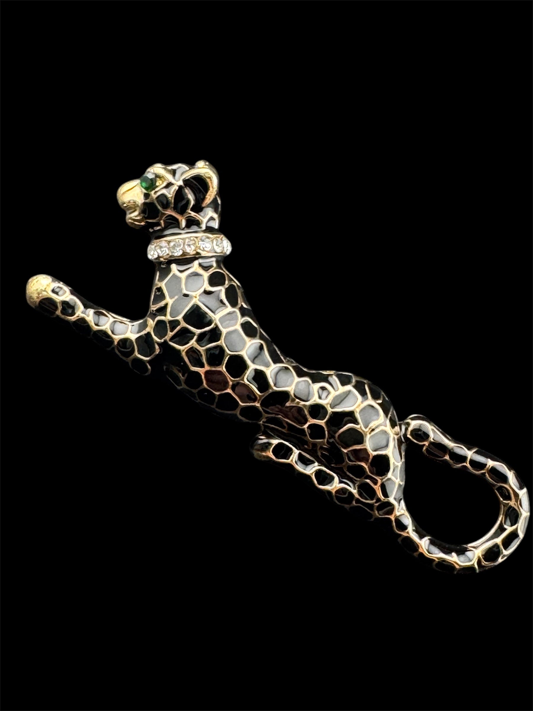 Black enamel crystal Big Cat leopard panther puma brooch gold tone