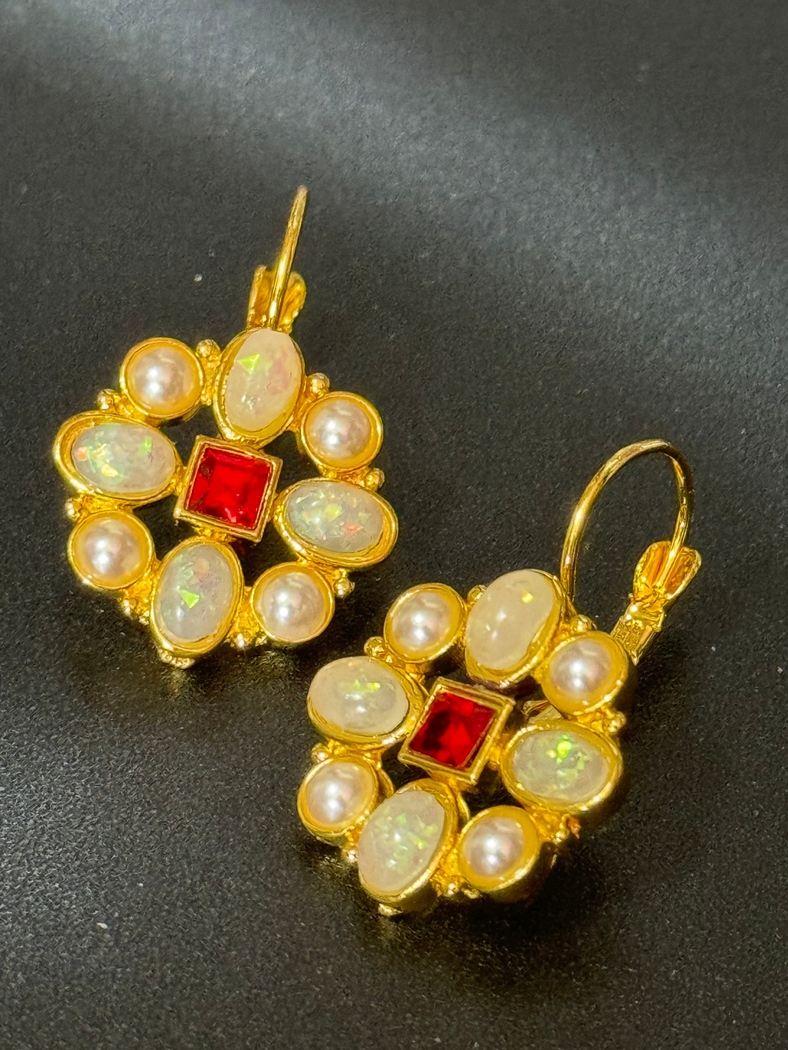 Etruscan medieval style ruby crystal and pearl drop earrings