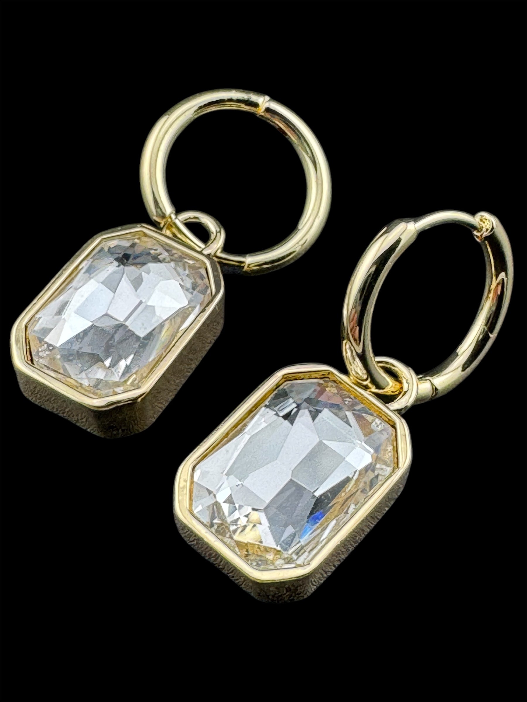 Clear diamond glass crystal octagonal charm small hoop earrings pierced, gold plated